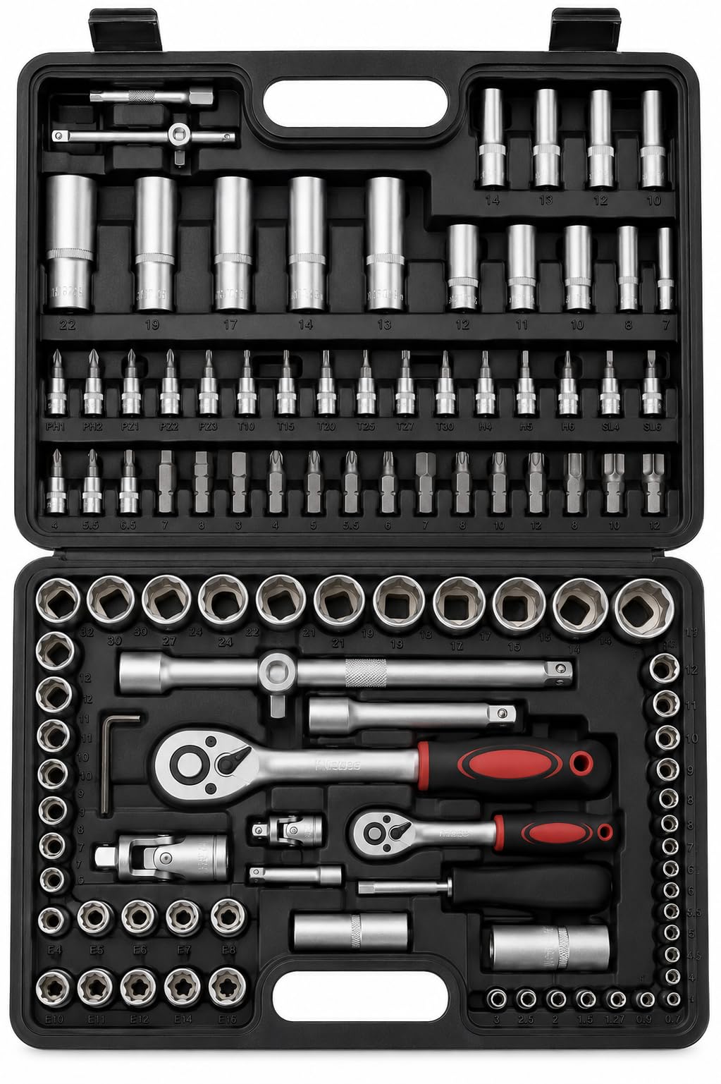 Set Chiavi a Bussola 108 Pezzi con Cricchetto Reversibile 1/4" e 1/2", Cassetta Attrezzi Professionale in Acciaio Cromo Vanadio, Kit Bussole e Punte per Meccanica Auto e Fai da Te