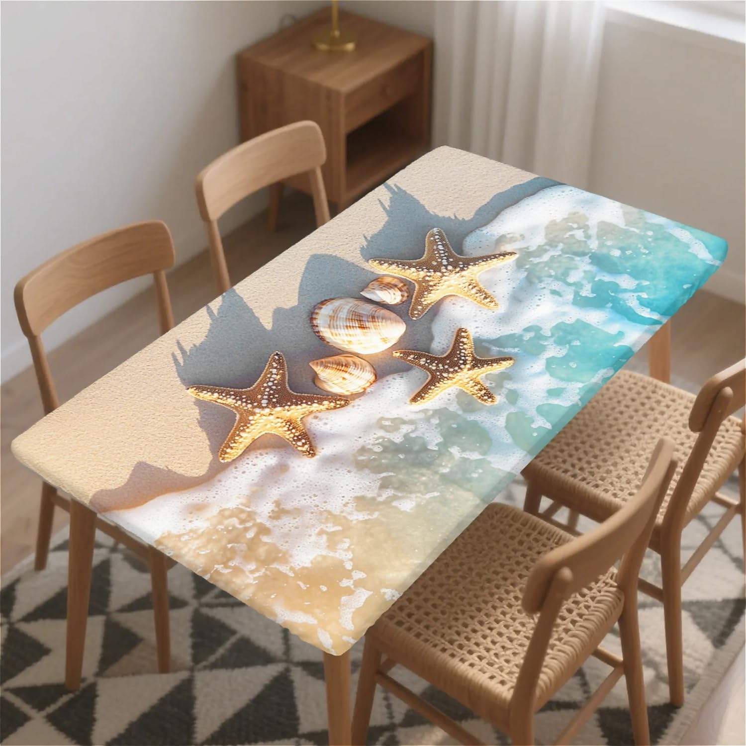 artslion Rectangle Waterproof Tablecloths Elastic Edge for Secure Fit-30 x 72 inch Wipeable Table Cover Non-PVC Fabric Seaside starfish Designs Indoor Outdoor Use