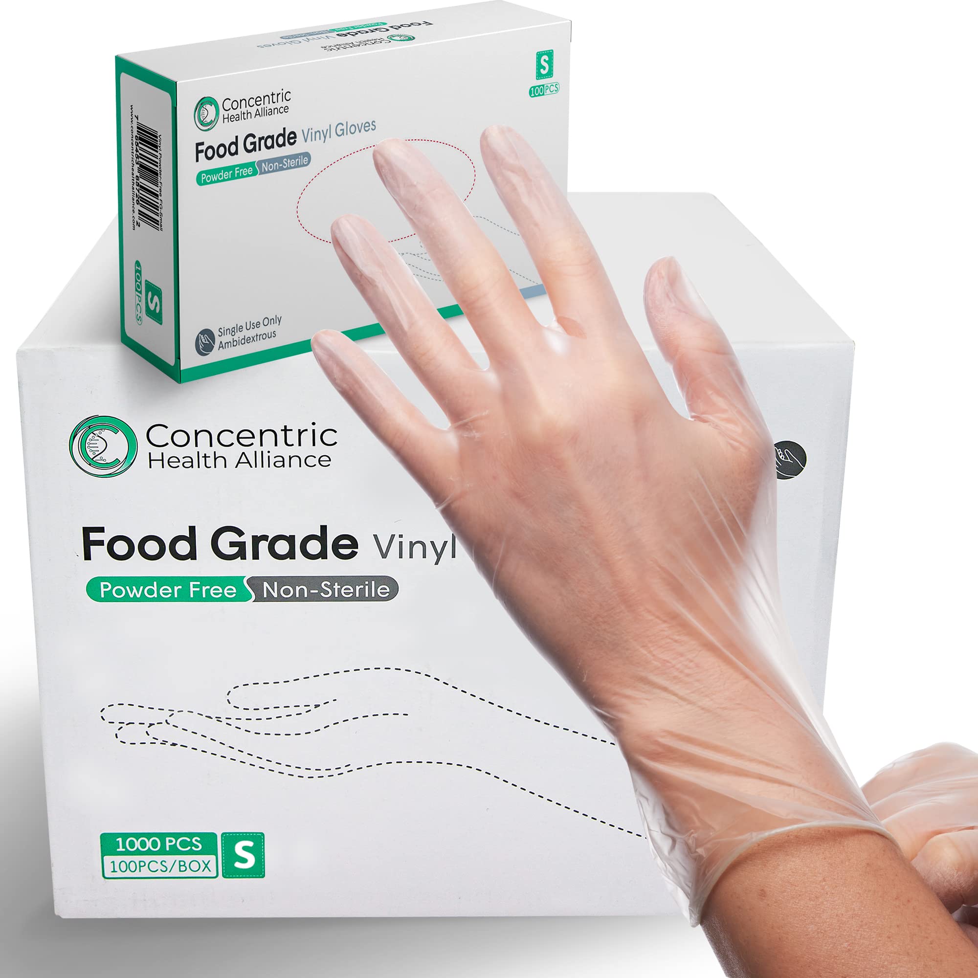 Concentric Food Grade Disposable Vinyl Gloves (Case of 1000 - Small) - Powder Free, Latex Free - Food Preparation, Service Industry or General use — Waterproof Synthetic Single Use Gloves, 3 Mil Thick