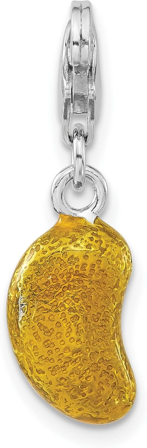 Sterling Silver Bean Charm with Yellow Glass Pendant, Textured Finish Clip On Lobster Clasp, Modern Symbolic Jewelry for Bracelet or Necklace, Versatile Minimalist Accessory for Women 26 mm x 8 mm