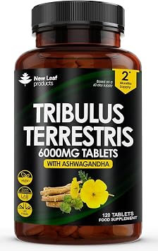 Tribulus Terrestris 6000mg High Strength Tablets Enriched with Ashwagandha - 95% Sapopins - 120 Tribulus Terrestris Tablets Made in The UK By New Leaf