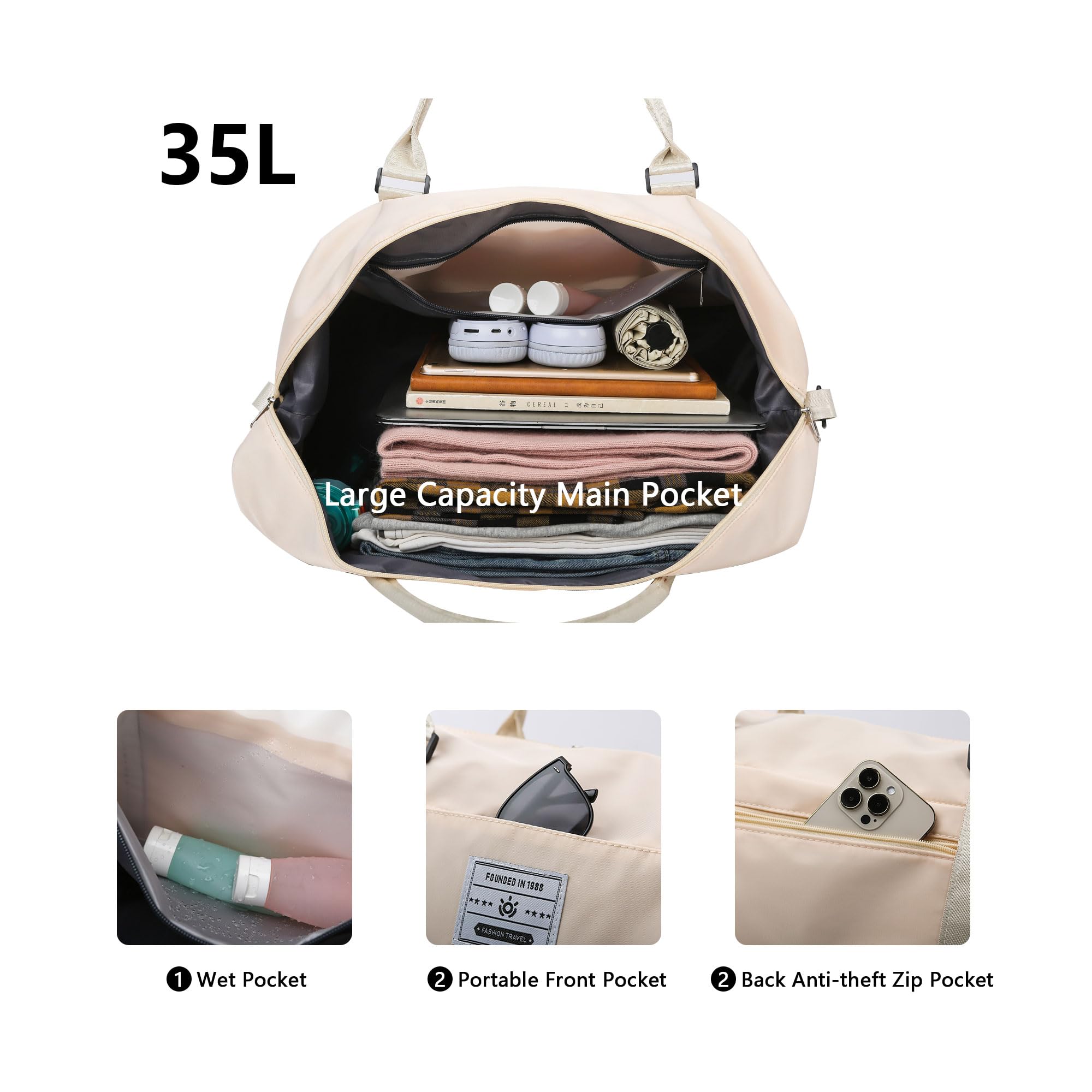 Borsoni Borsone da Viaggio Donna Borsa Palestra Bagaglio a Mano Borsa da Viaggio Sportiva Tote Gym Borsa Ospedaliera Capacità Grande Impermeabile Pieghevole per Uomo e Donna (Beige)