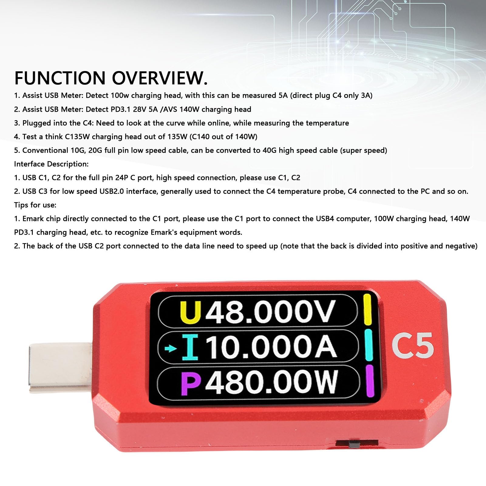 Luocute Miernik Mocy USB, Miernik Napięcia USB Typu C i Tester Prądu, 1,47 Cala Kolorowy Wyświetlacz Lcd Tester Multimetr Pd Woltomierz Pd, 320x172 Prąd Napięcia Rozdzielczości