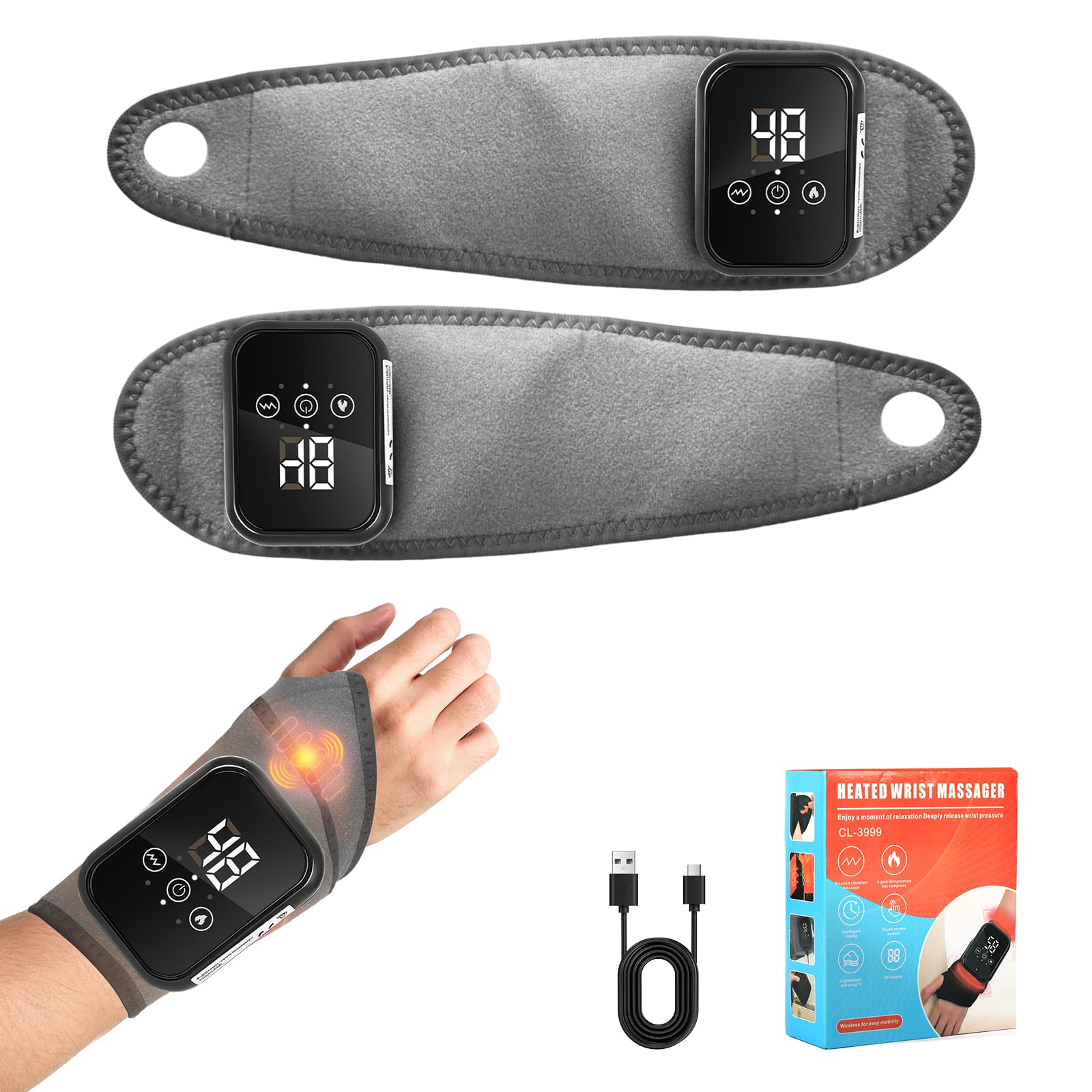 Handgelenk Massagegerät mit Rotlichttherapie, 3 Heizstufen & 3 Vibration | Wiederaufladbare, Kabelloses, Handmassagegerät, Linderung bei Karpaltunnelsyndrom, Arthritis, Grau, 2 Stück