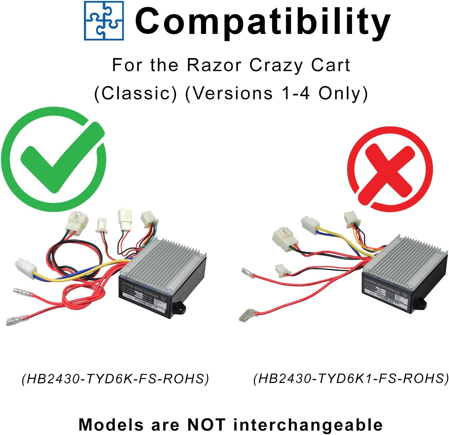 AlveyTech 24 Volt HB2430-TYD6K-FS-ROHS Controller for the Razor Crazy Cart (Classic) Versions 1-4 - Replacement Motor Speed Control Module with 6-Wire Throttle Connector
