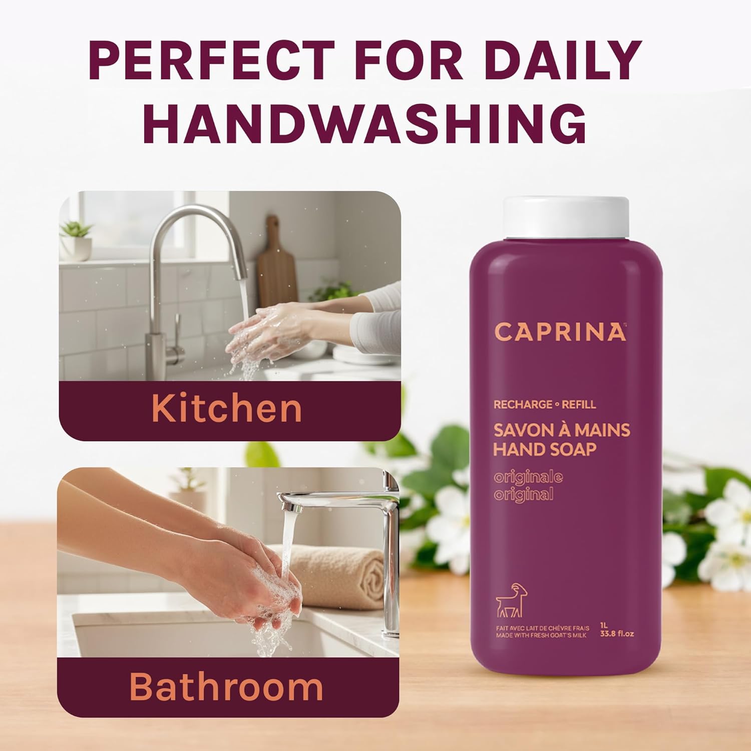 Caprina Liquid Hand Soap Refill, Fresh Goat’s Milk, 1 L, Original Formula