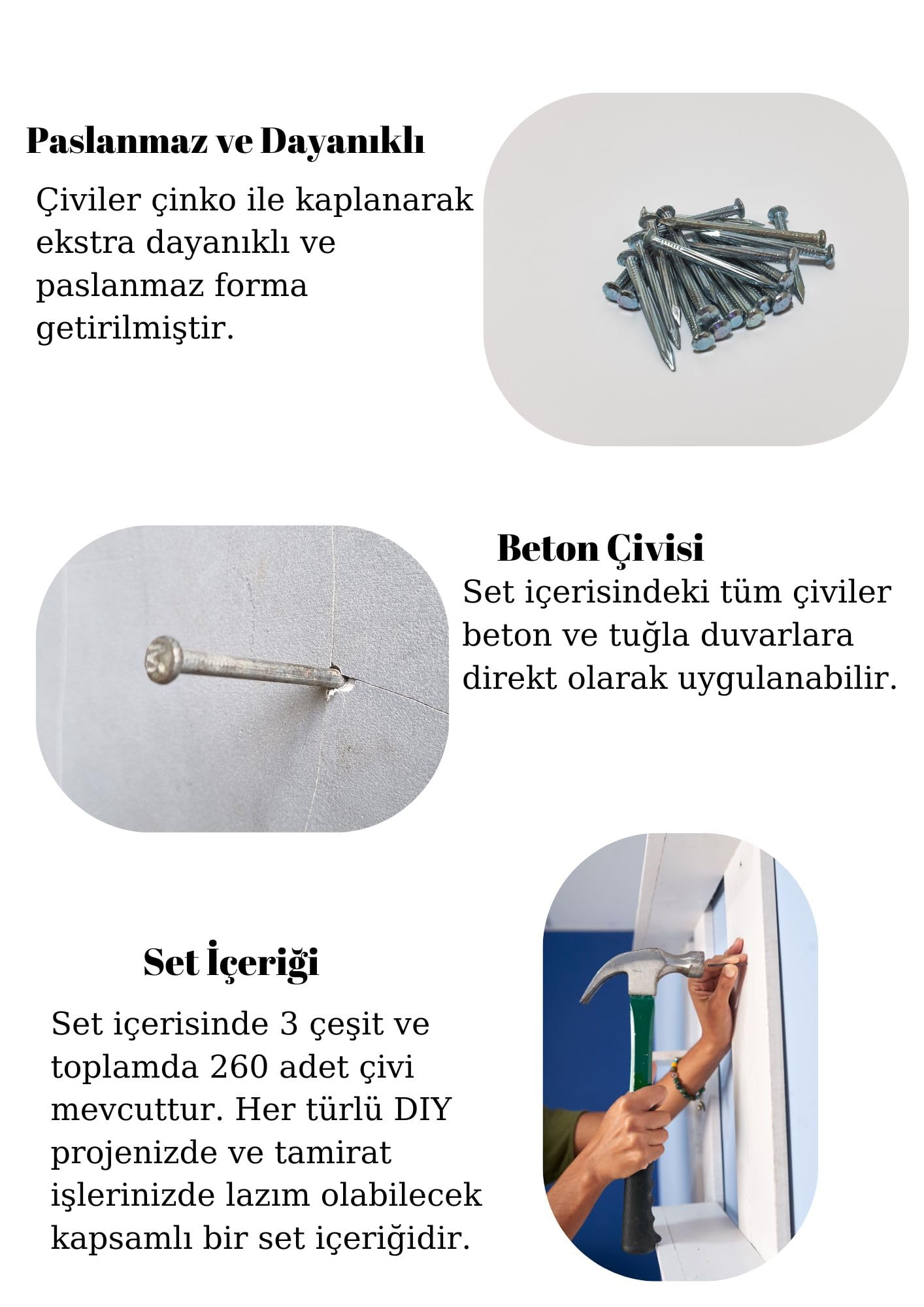 Netzerkoz 260 Adet Paslanmaz Beton Çivisi Seti - 3 Çeşit Çelik Beton, Duvar, Parke Çivisi