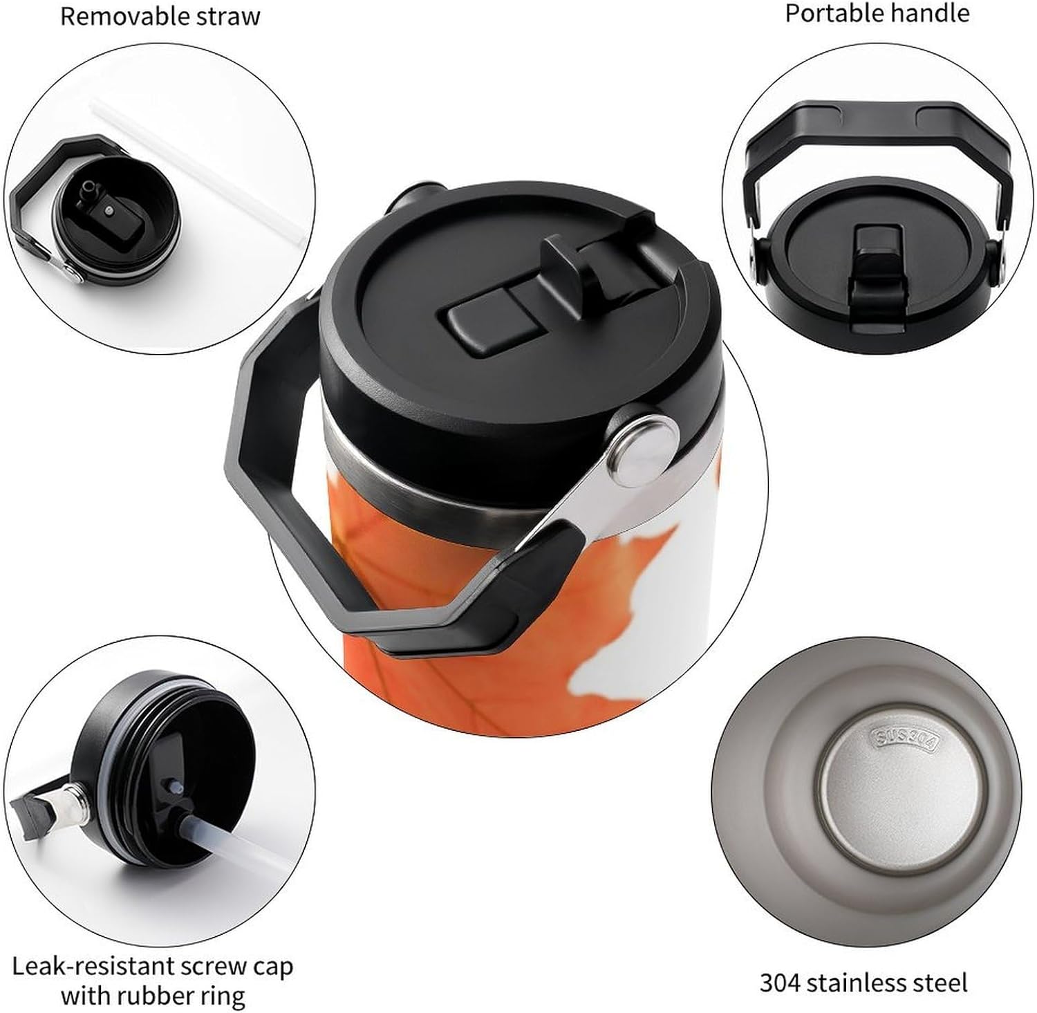 Autumn Maple Leaves Water Bottle 30 Oz Fits Car Cup Holder,Insulated Coffee Mug Large Capacity Car Cups,Stainless Steel Double Wall Sport Bottle for Travel Sports Gym