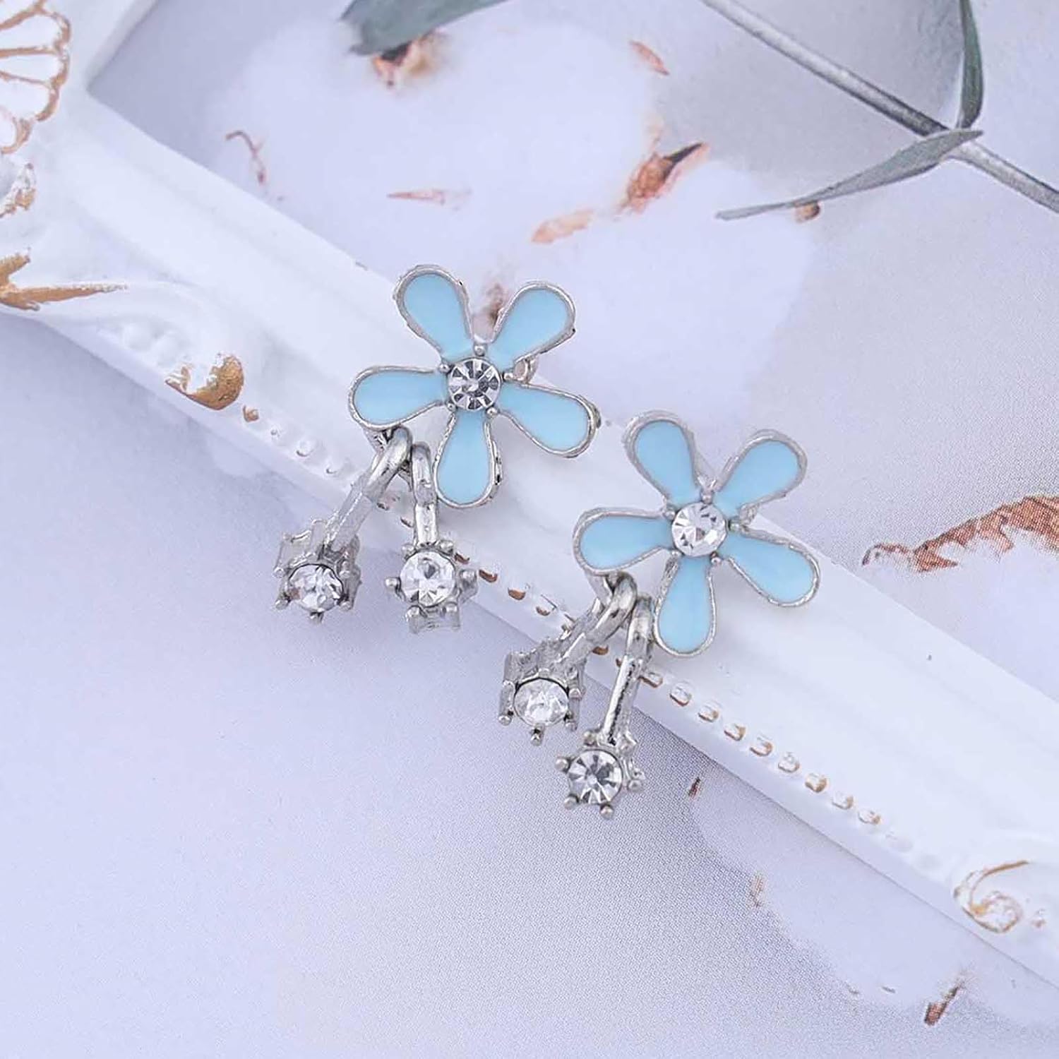 Andelaisi Boho Resin Flower Earrings Vintage Enamel Flower Stud Earrings Blue Flower Crystal Dangle Earrings Personalized Flower Petal Earrings Jewelry for Women - Image 3
