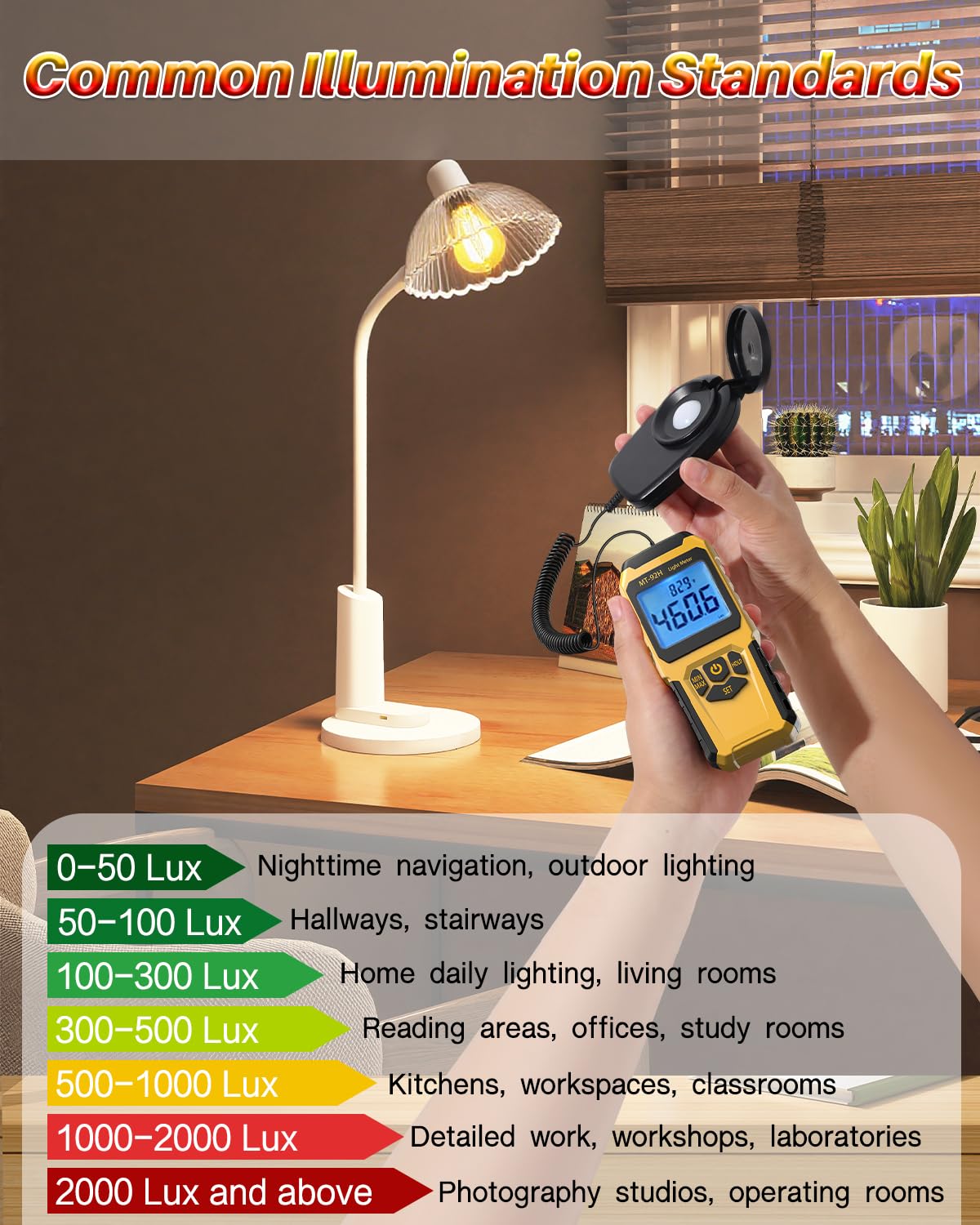 MT-92H Luxmètre avec capteur divisé Lux/Pied-Bougie Mètre Taux de rafraîchissement de 500 ms Plage jusqu'à 200 000 lux Rétroéclairage commutable Mesureur de température 14℉-140℉