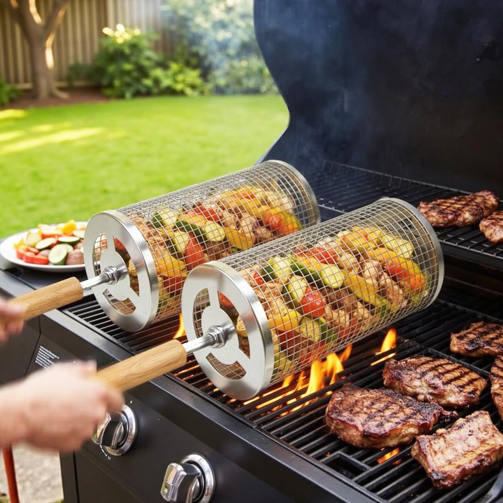 Paniers À Barbecue Set De 2,Accessoires Barbecue Pour Légumes,Crevettes, Champignons,Manche En Bois Amovible,Acier Inoxydable 304,Grillades En Extérieur,Cadeau Pour Hommes Et Papas (Argent brillant)