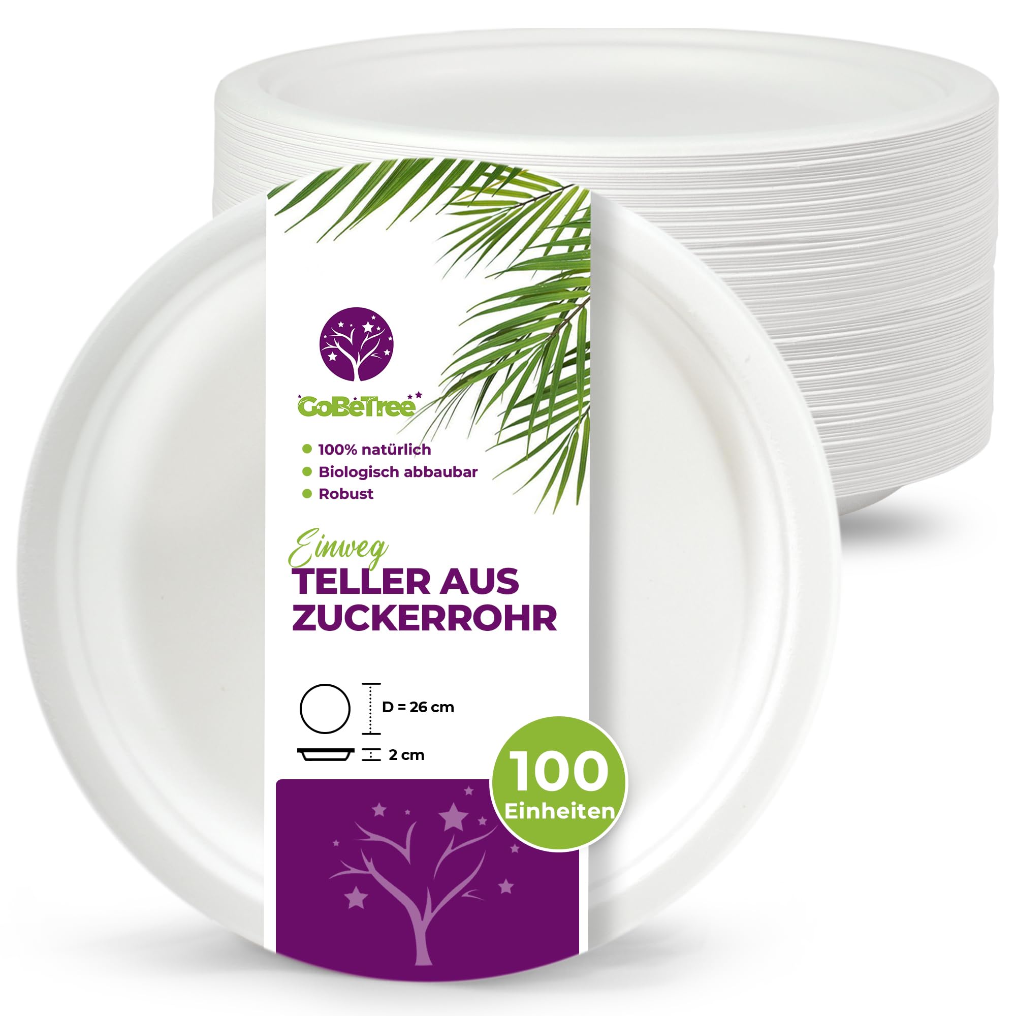 GoBeTree 100 Stück runde Pappteller aus Zuckerrohr, 26 cm, weiß. Extra starke Einweg-Pappteller für Camping, Picknick, Partys, Grillabende, Geburtstage.