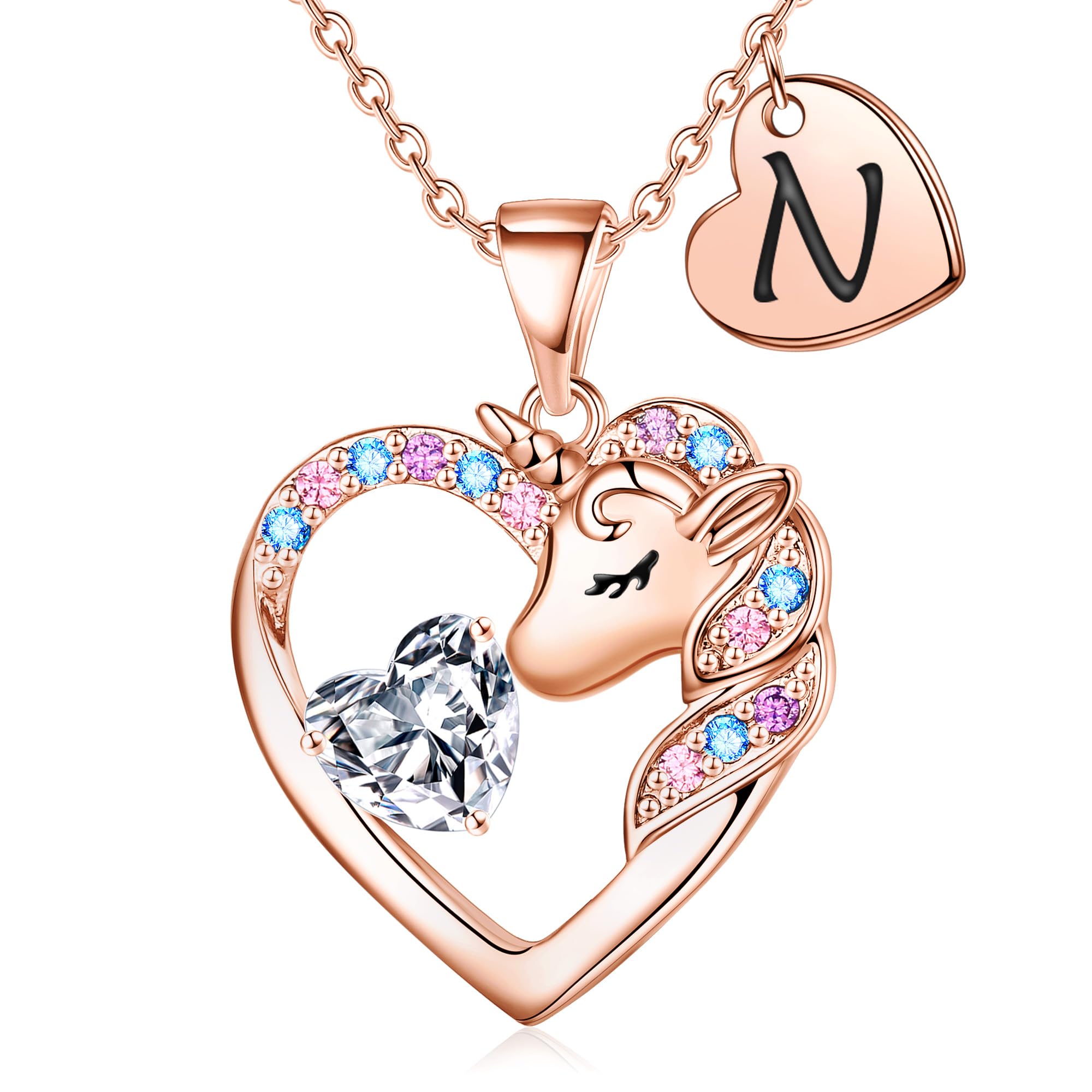 TINGN Einhorn Geschenke für Mädchen - Einhorn Halskette für Mädchen 14 Karat Vergoldet Einhorn Kette Kinder Herz Halskette mit Buchstaben Kette Mädchen Schmuck Geburtstagsgeschenk für Tochter