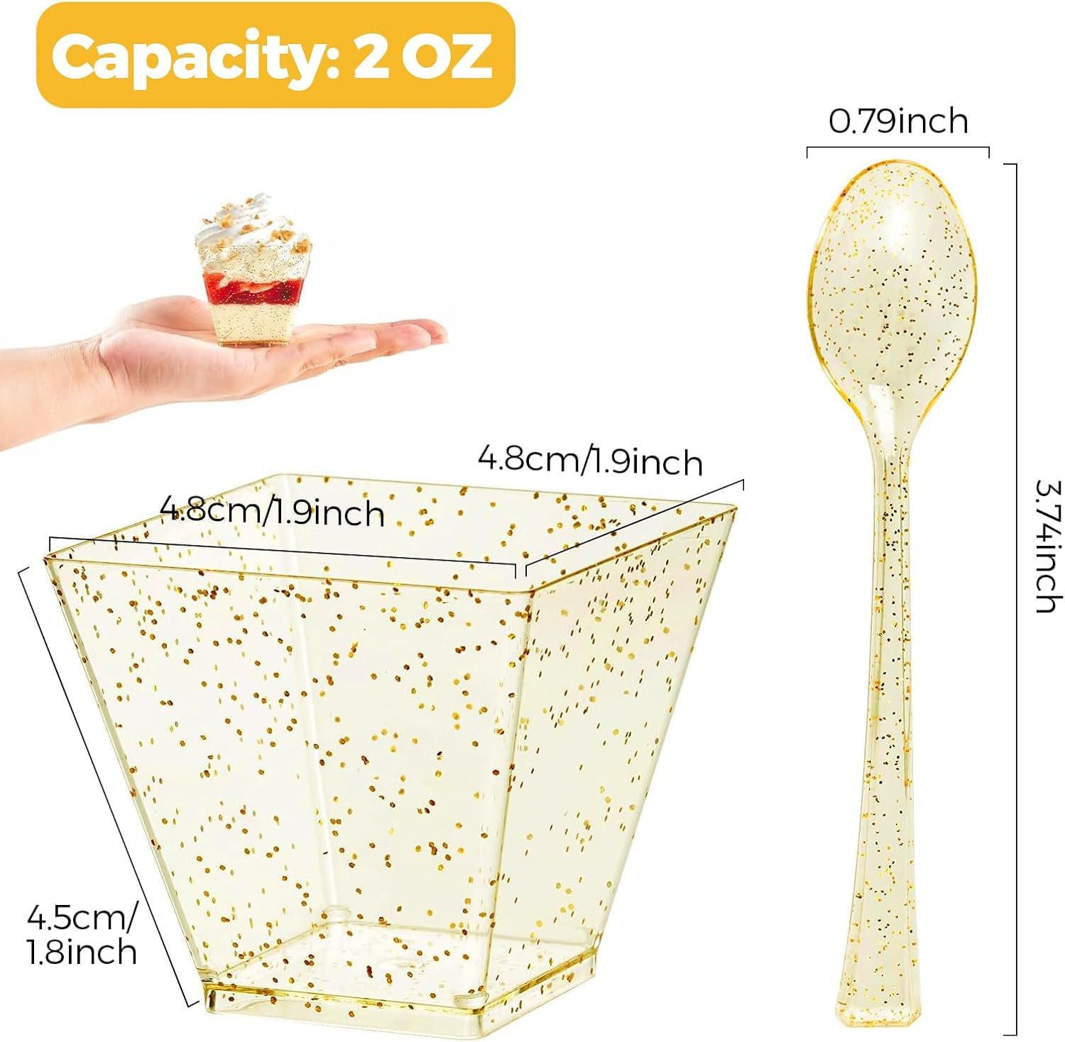 KOOSREELkubek złote kubki, 50 sztuk, 60 ml / 2 uncje, z 50 łyżeczkami, mini do deserów, wielokrotnego użytku, do pianki, tiramisu, urodziny
