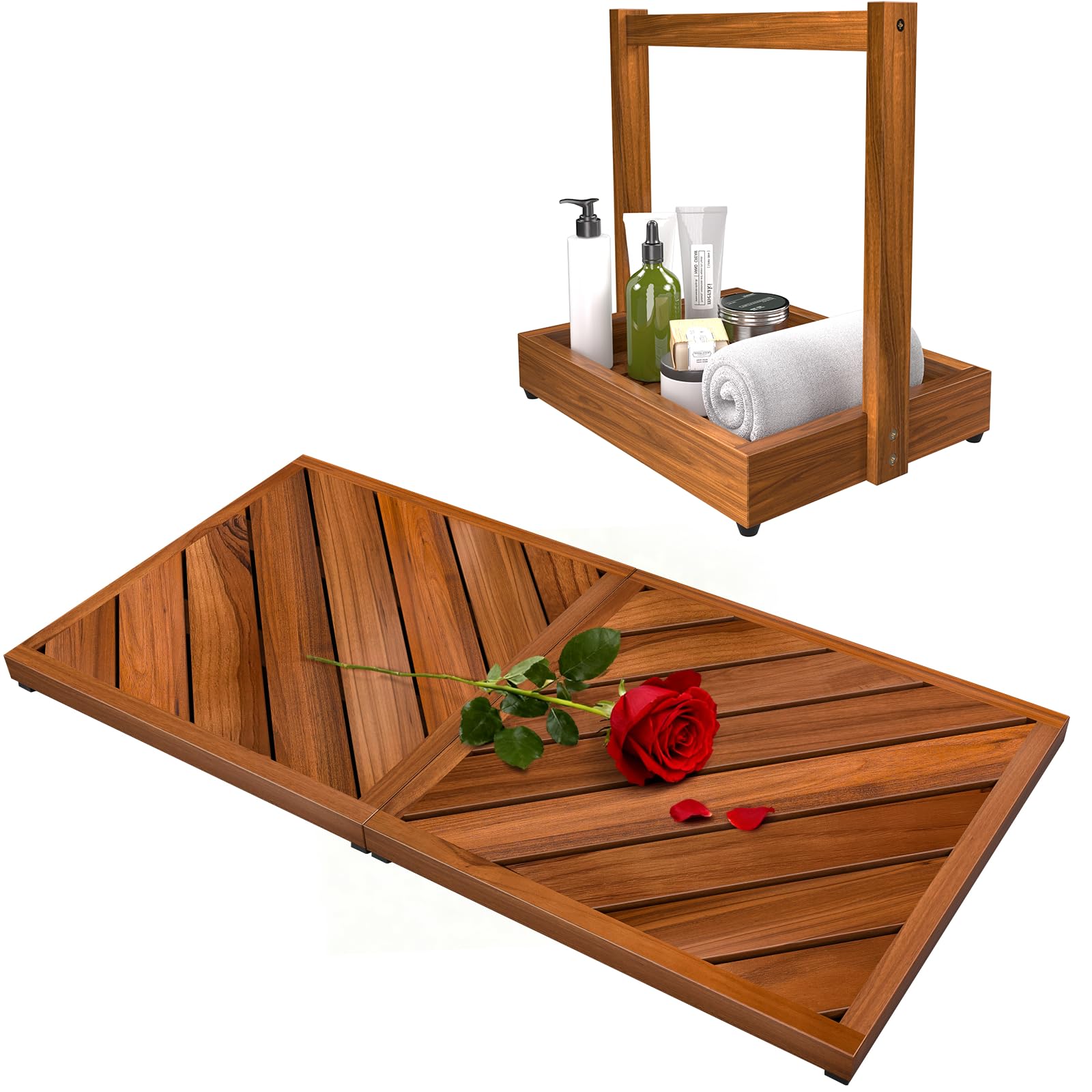 promitop Teak Shower Caddy Towel Holder Teak Wood Bath Mat for Bathroom