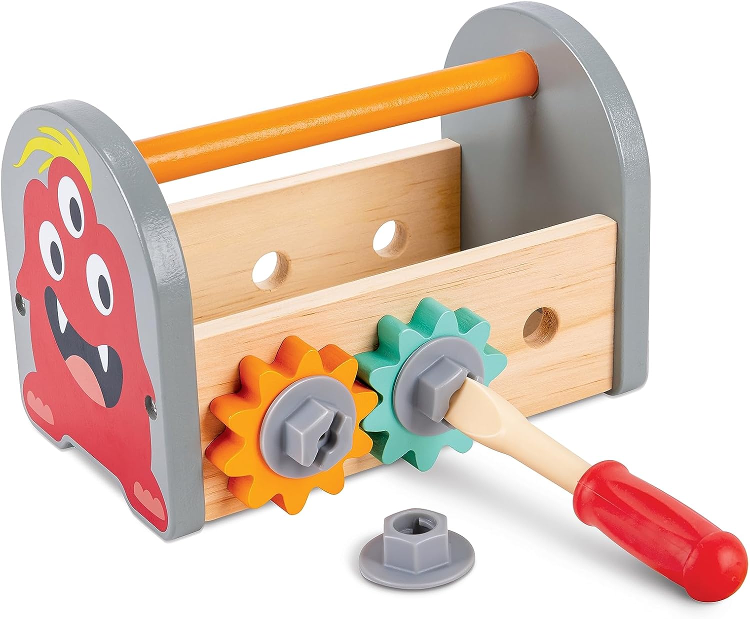 Hape: Fix-It Tool Kit - Monster Design, Wooden Tool Box with Carry Handle, Tool Accessories, Tighten & Loosen The Gears On The Box, Kids Ages 3+