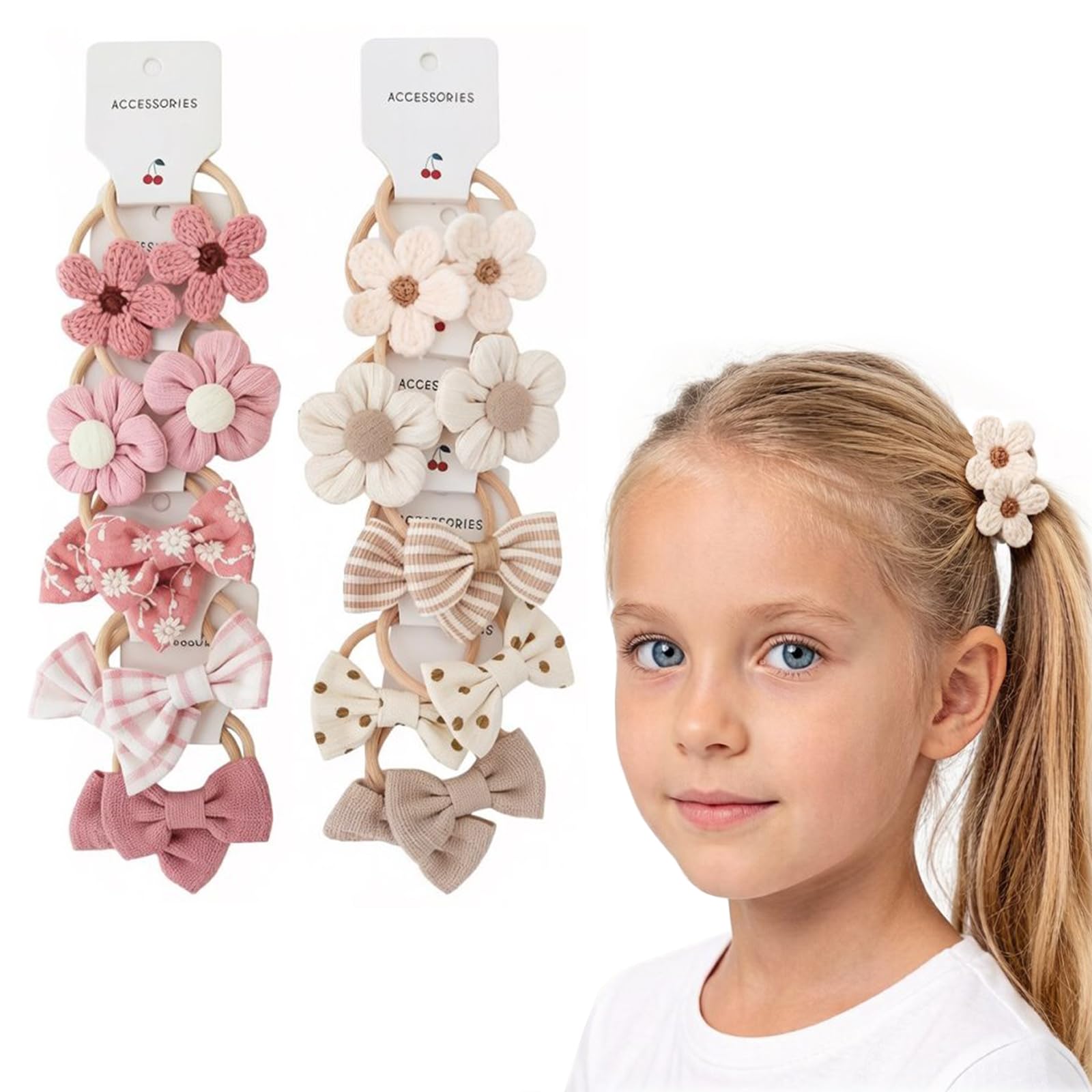 20 Pezzi Elastici Capelli Bambina con Fiocco, 2 Set di Codini Morbidi in Tessuto Rosa e Beige, Accessori per Capelli per Neonata e Bambine, Senza Metallo per Coda di Cavallo