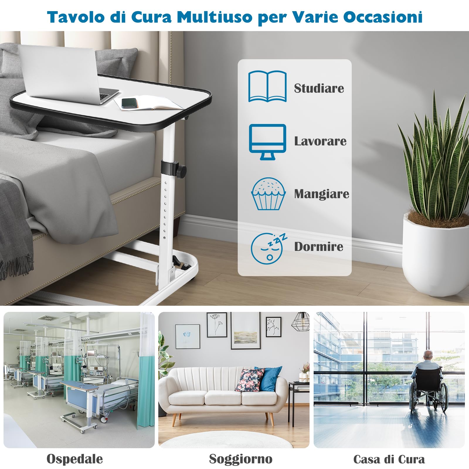 GYMAX Tavolo da Letto Tavolino Laterale con 4 Rotelle Universali, Angolo e Altezza Regolabile, Piano Inclinabile, a Forma di C, per Soggiorno, Camera da letto, Ospedale (Bianco)