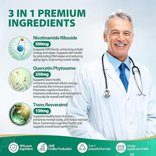 Miniatura 6 de Suplemento NAD, NAD nicotinamida ribósido resveratrol 900 mg, suplementos liposomales de NAD para mujeres y hombres, suplemento NMNH de alta pureza