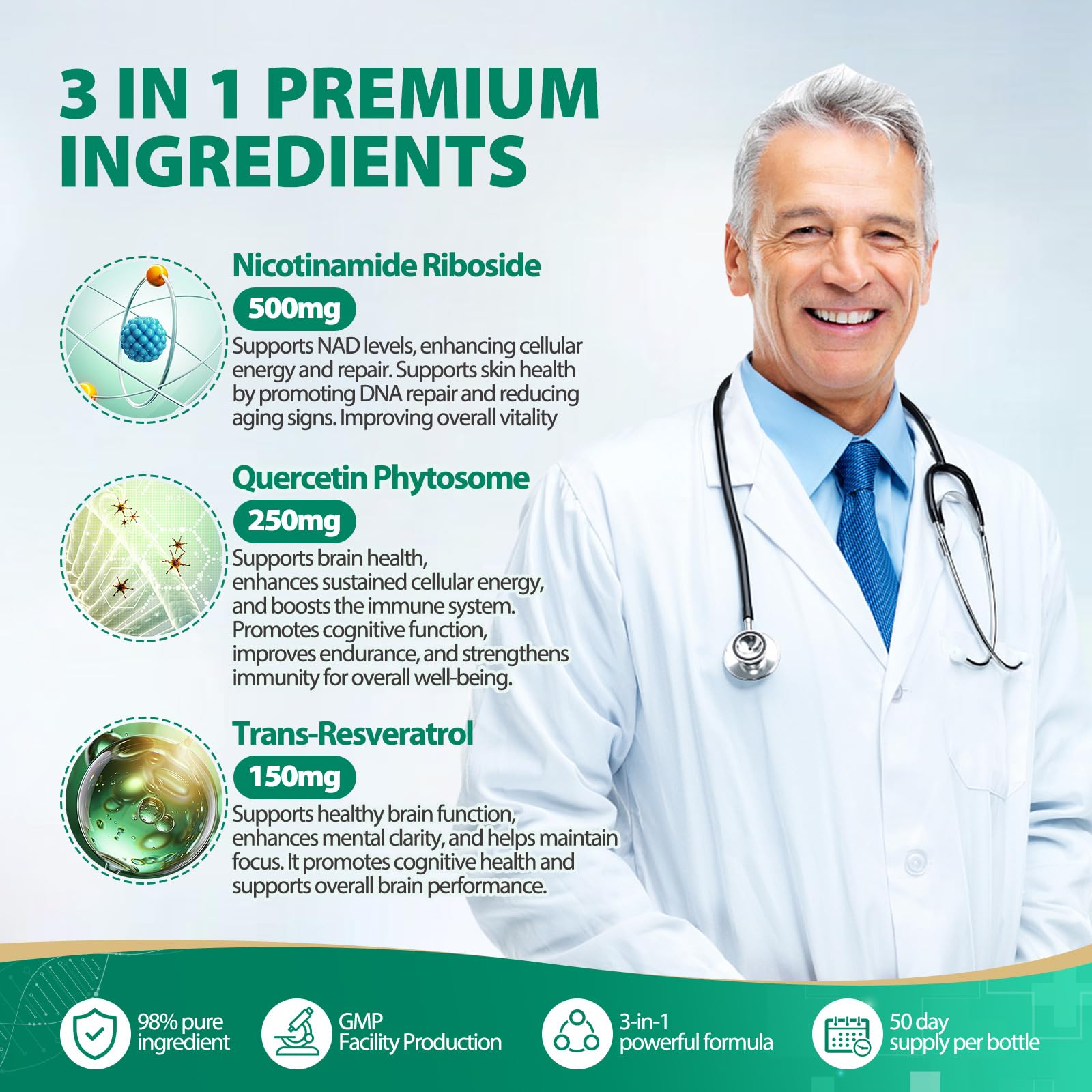 NAD Supplement, NAD Nicotinamide Riboside Resveratrol 900mg - NMNH Supplement Alternative - High Purity Liposomal NR Supplements for Anti-Aging, Energy, Focus - 50 Day Supply