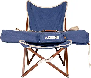 CHAMA Vaquero Heritage Camping Chair, Dark Hardwood and 20-oz Cotton Canvas Folding Chair, Marine-Grade Stainless Steel Hardware, Travel Bag, LifetimeWarranty, Designed in Texas, Azul & Bone, 300 lb