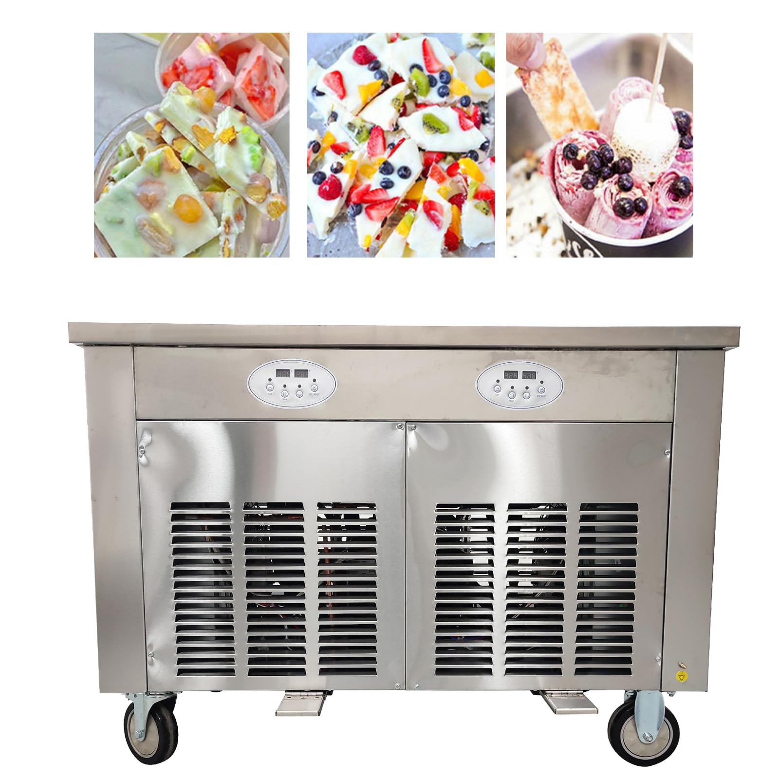 TECHTONGDA 17.7in Fried Ice Cream Roll Machine 110V Stainless Steel Ice Roll Maker, Frozen Yogurt Roll Ice Cream Machine with Foot Pedal Defrost and 4 Spatulas, Double Round Pans