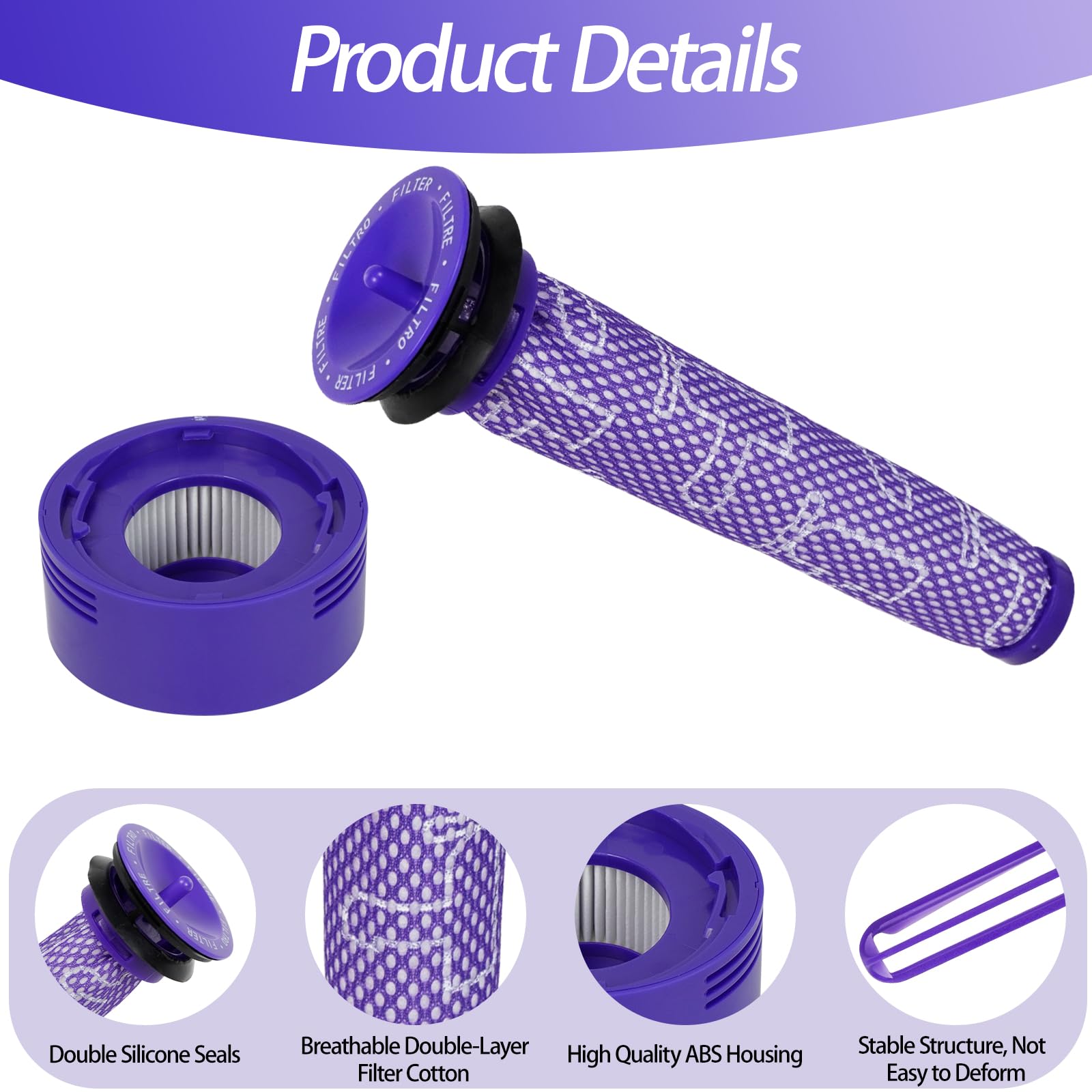 4 x filtr zamienny do Dyson V6 V7 V8, 2 filtry pocztowe + 2 filtry wstępne + 1 szczotka do czyszczenia, bezprzewodowy odkurzacz, filtr zamienny do Dyson V8 V7