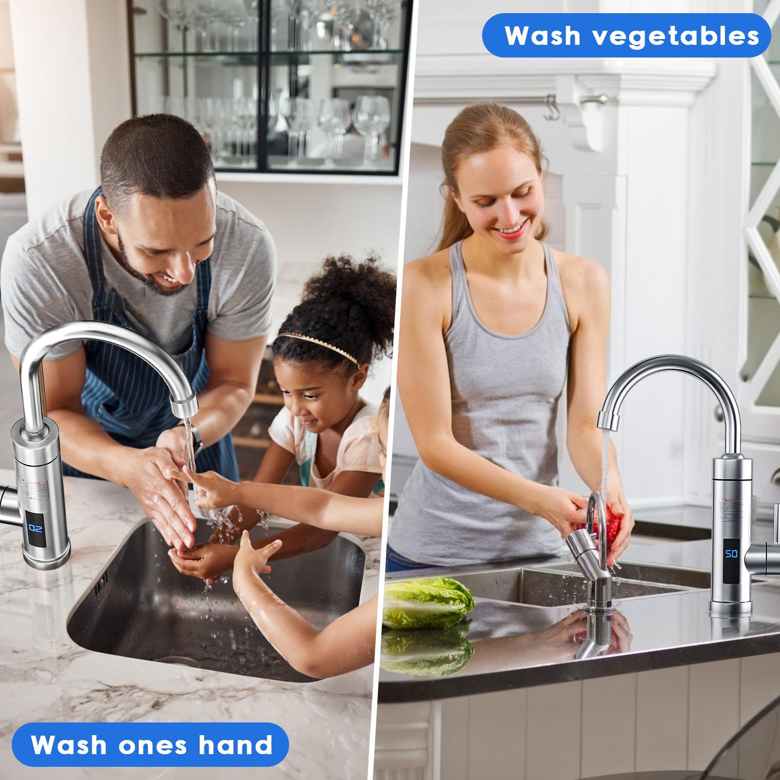 Robinet éLectrique de Chauffe-Eau Instantané en Acier Inoxydable, Robinet Chaud et Froid 3000 W, ThermomèTre Sans LED, Robinet D'Eau Chaude pour éVier de Cuisine, Robinet Rotatif à 360 °