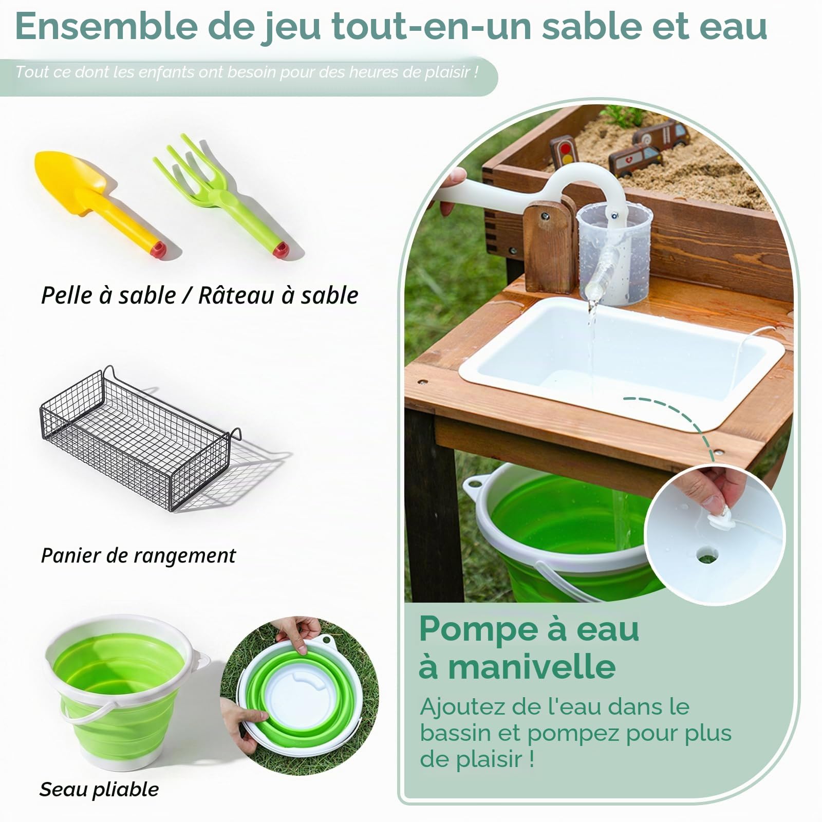 WOODENFUN Cuisine de boue pour enfants, bac à sable d'extérieur avec accessoires décoratifs en bois, évier, seau, pelles à sable, fourchettes, bac à sable pour jardin, jouets de plage, table de jeux