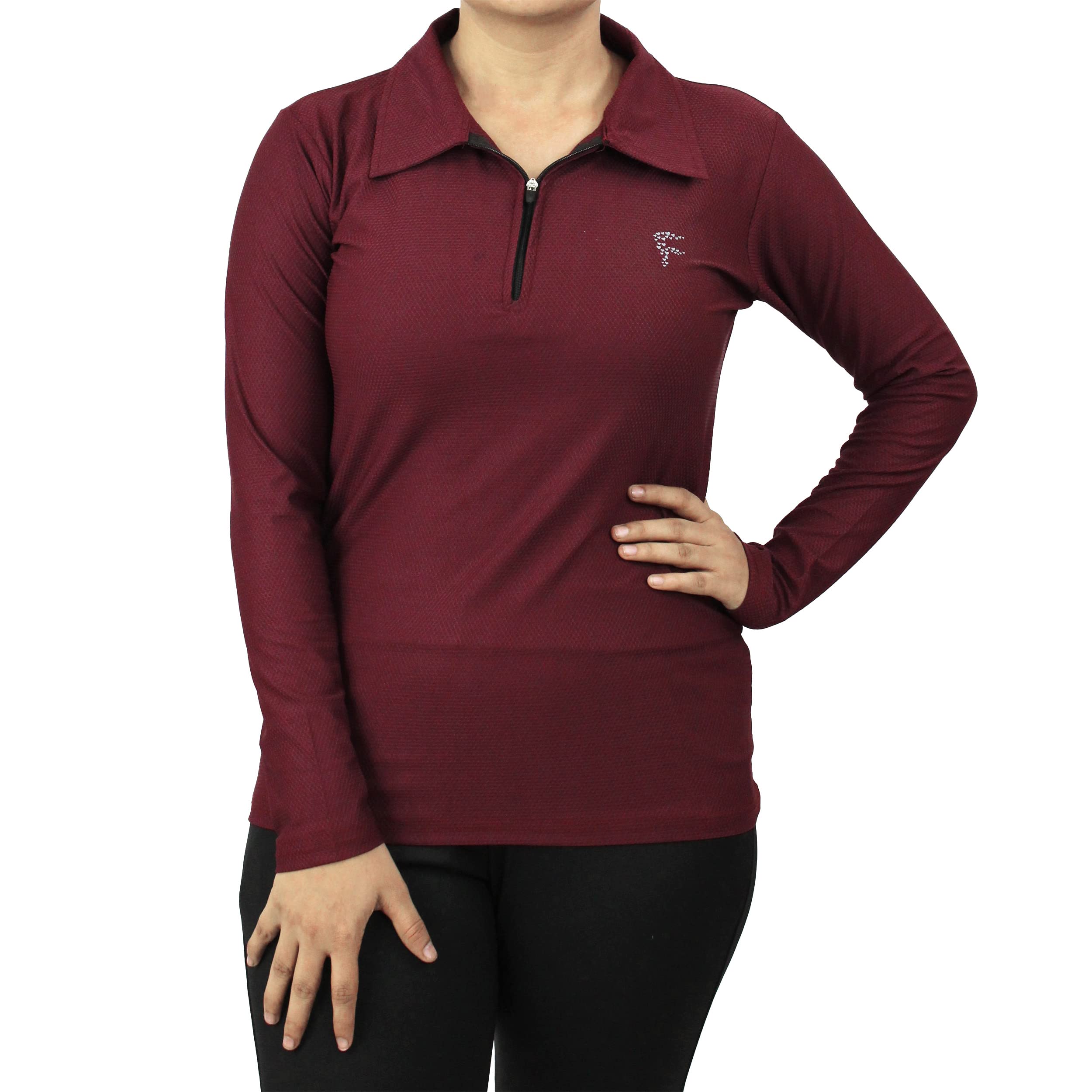 GenericFull Sleeves Solid Women's/Girls Polo Neck T-Shirt |1/4 Zip Dry-Fit T-Shirt | XL | Maroon