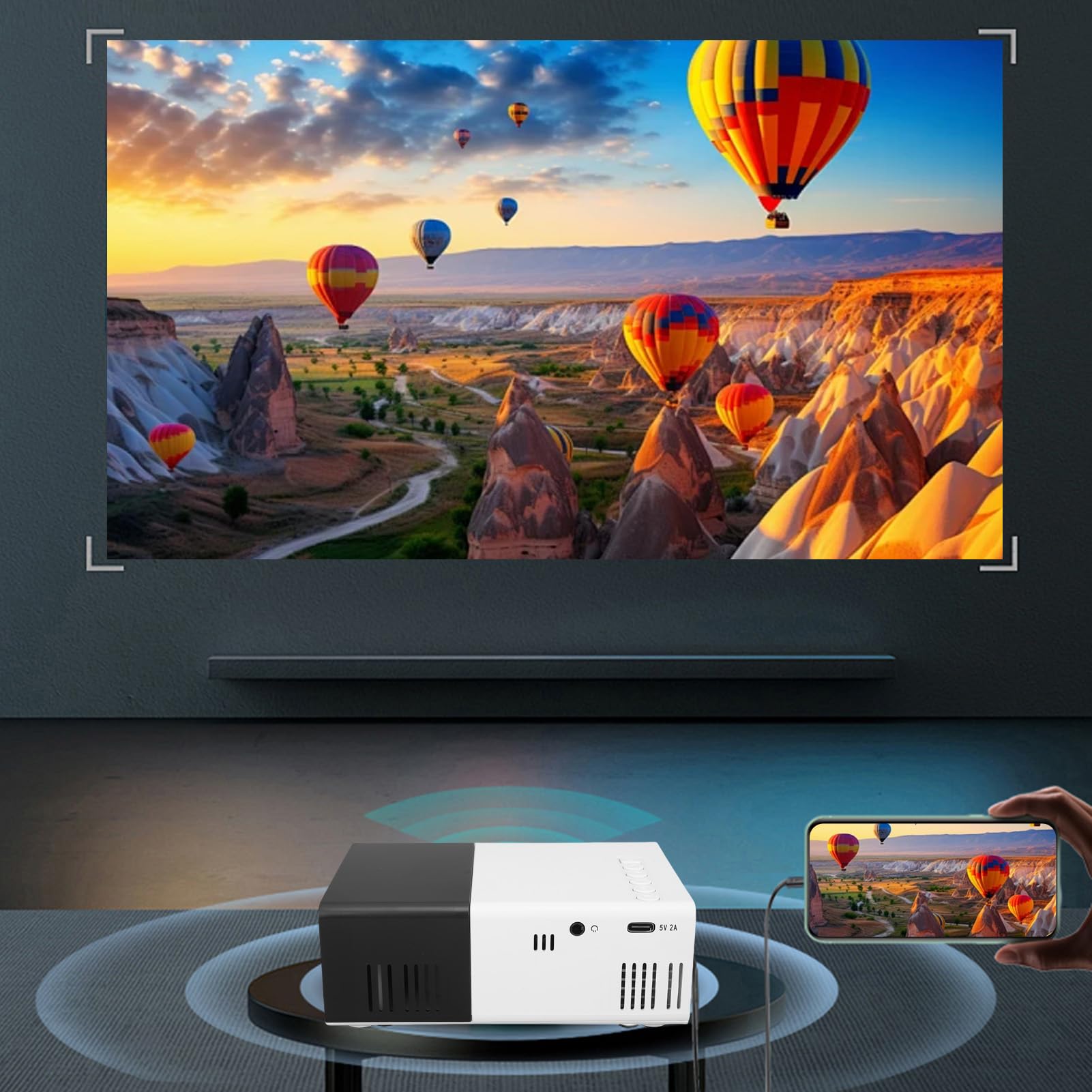 Lazmin112 1080P HD-Projektor, Tragbarer-Projektor mit Automatischer Trapezkorrektur und Integriertem Lautsprecher, Kompatibel mit Smartphone, Laptop, USB-, für den Heimgebrauch (EU-Stecker)