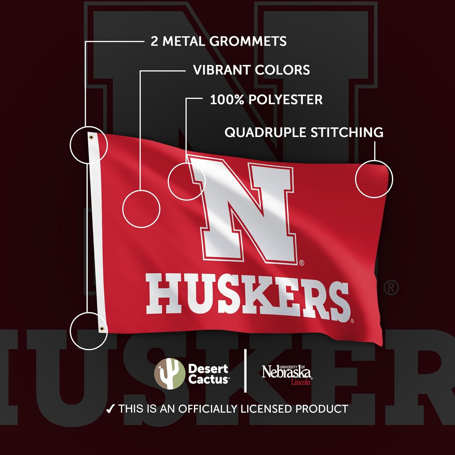Desert Cactus University of Nebraska UN Flag - 3 x 5 Feet Cornhuskers Banner, Indoor/Outdoor Durable Fabric, 100% Polyester Design (Style A) - Image 4