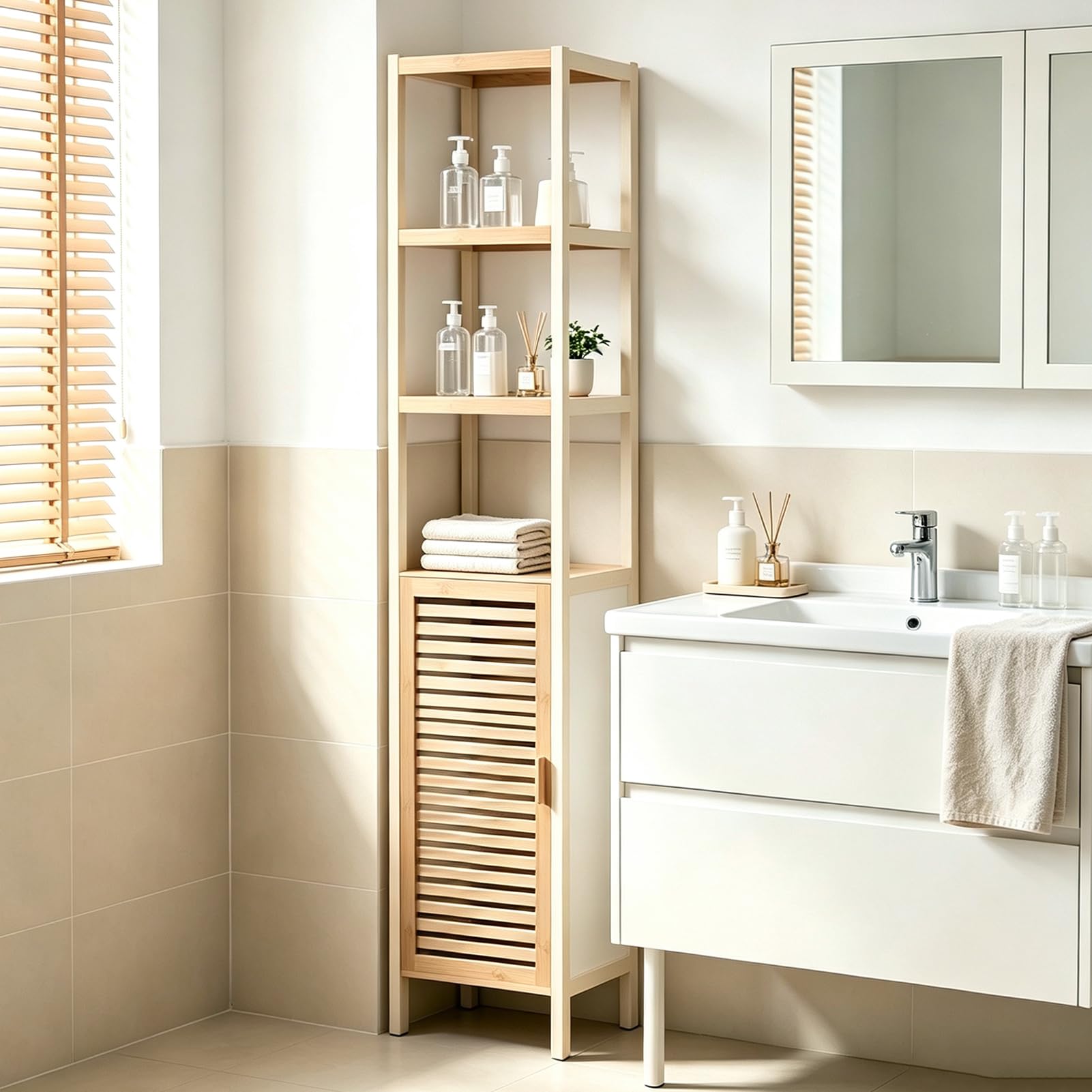 Badezimmerschrank Schmal, Badregal Bambus mit 3 Offene Fächern und Schrank, Hochschrank Bad 33x33x165cm, Toilettenschrank für Badezimmer, Wohnzimmer, Küche