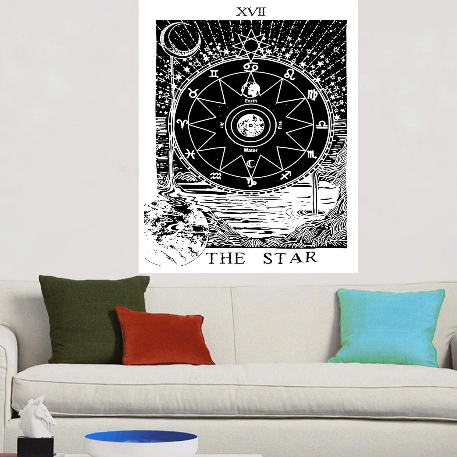 Ava Collections White Tarot Card Cotton Wall Hanging Poster Tapestry Hippie Bohemian Boho Mandala Size: 40X30 Inches (The Star- Black/White)