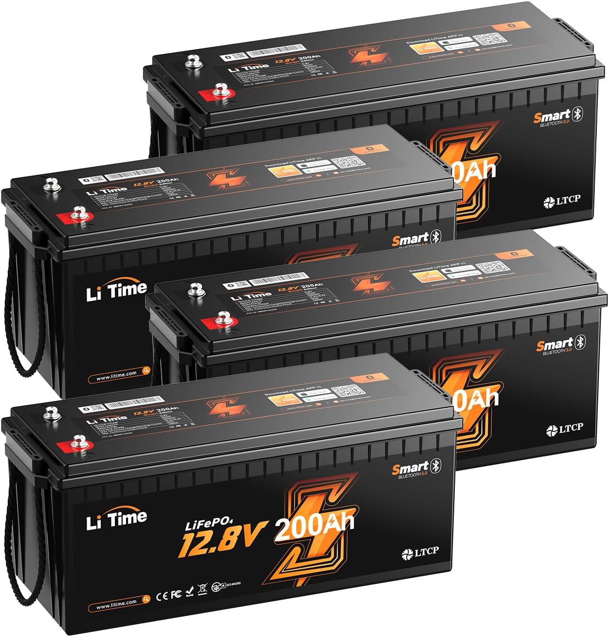 Litime 4Packs LiFePO4 Lithium Deep Cycle Battery Bluetooth, Low-Temp Protection, 2560Wh Energy Max. 1280W Load, Up to15000 Cycles, Perfect for RV, Solar Energy Storage