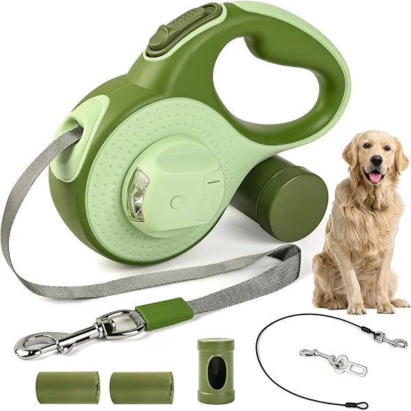 ODRIEW Heavy Duty Retractable Dog Leash for Large Dogs, 26ft Dog Leash with Poop Bag Holder, Up to 100lbs, chew Proof Cable, 2 Rolls Poop Bags, 360° No-Tangle, One-Handed Pause & Locked. (Green, 26ft)