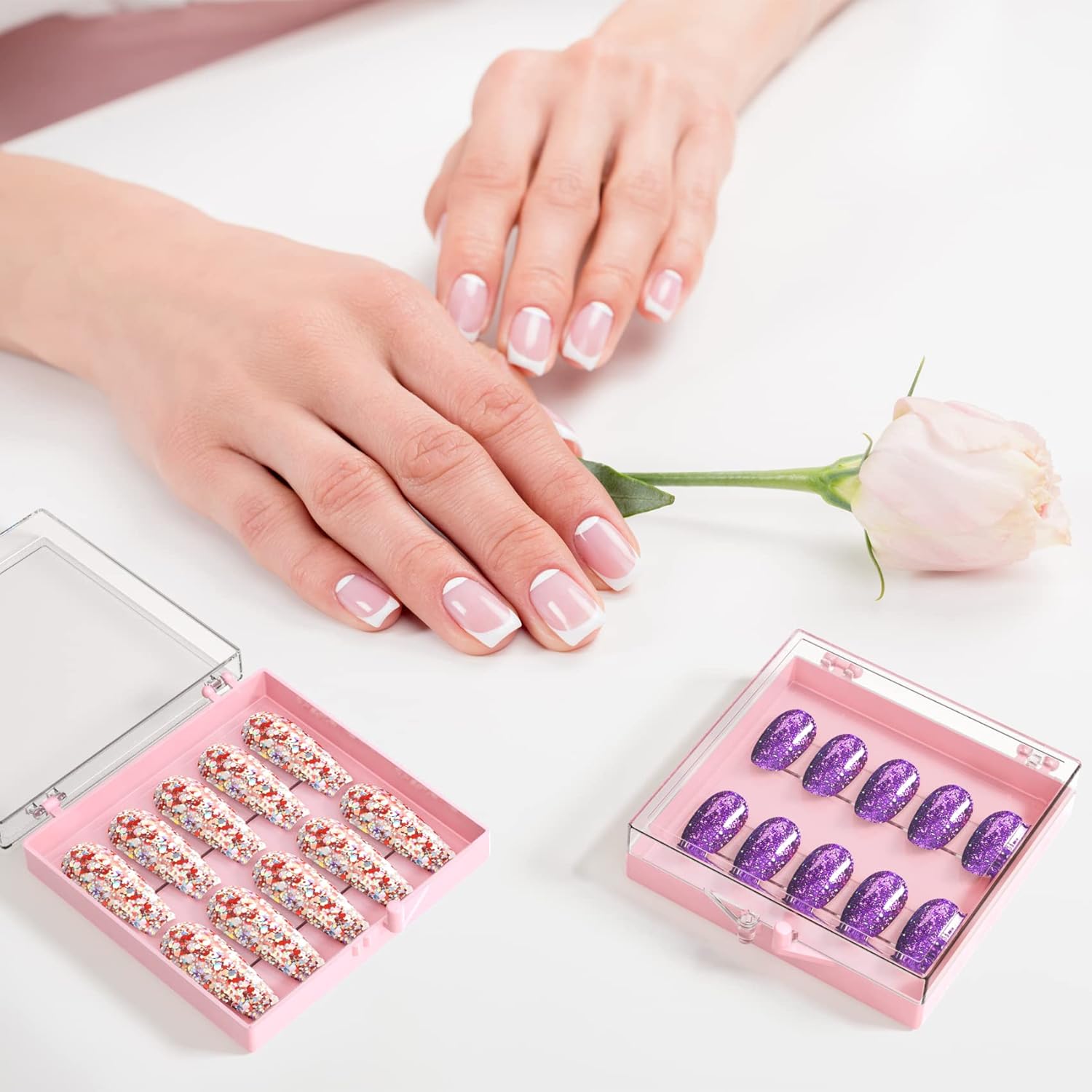 ANCIRS 25 Pack Acrylic Nail Storage Box for DIY Press-on Nails Holder & 60pcs Double Sided Adhesive Nail Display Tape, Artificial Nail Stand Packaging Organizer Case & Fake Nail Tip Tapes for Nail Art