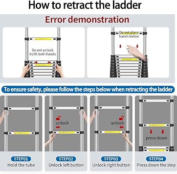 Rewing Telescopic Ladder Extendable Ladder 3.5M/11.48FT Stainless Steel Thickened High-Ladders extendable with Non-Slip Feet and Detachable Hooks, Multi Purpose Extendable for Roof Caravans Attic