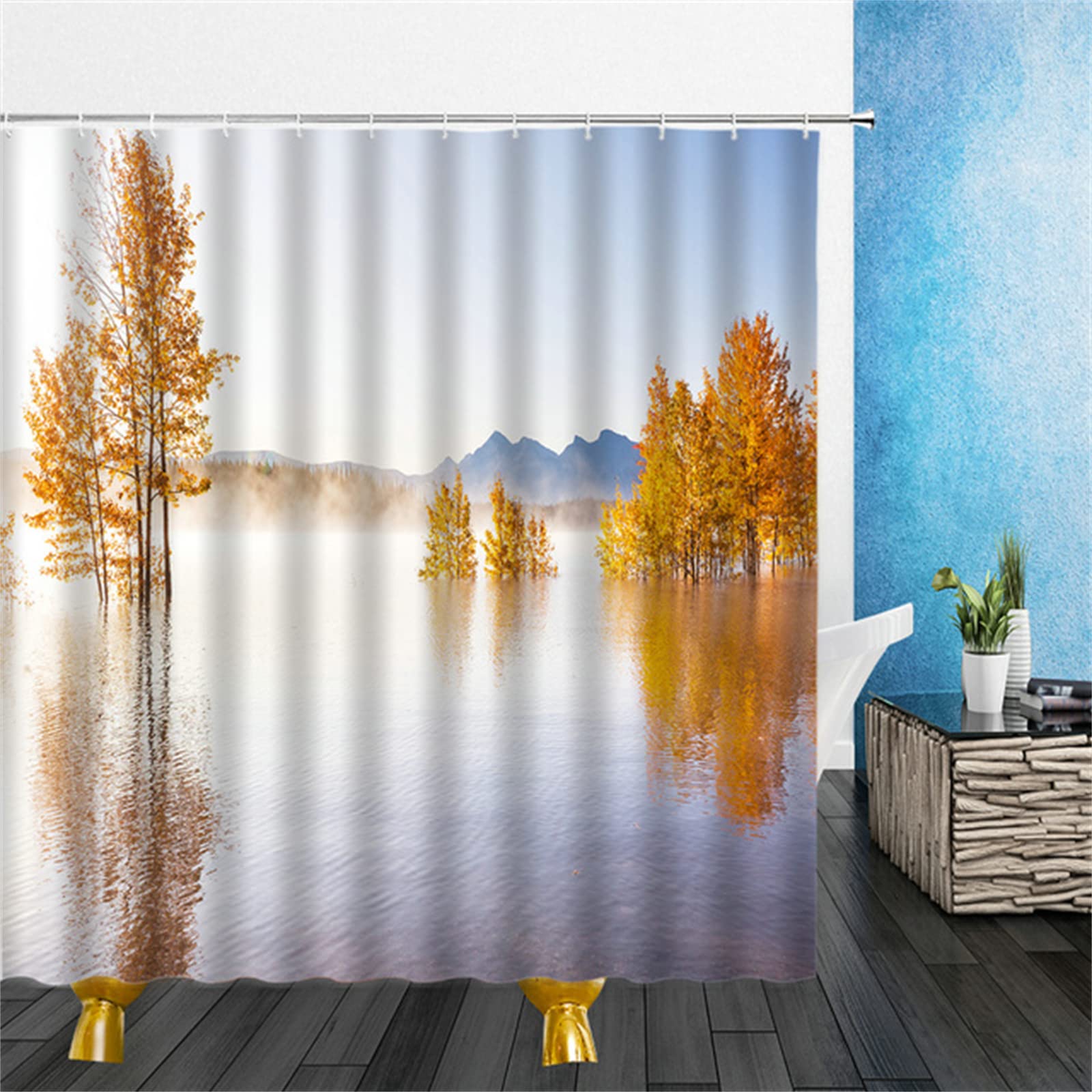 Tenda da Doccia W300cm x L180cm, Tessuto Set di Decorazioni per Il Bagno con Ganci,Paesaggio Tenda da Bagno Impermeabile in Poliestere, per la Vasca da Bagno Decoro