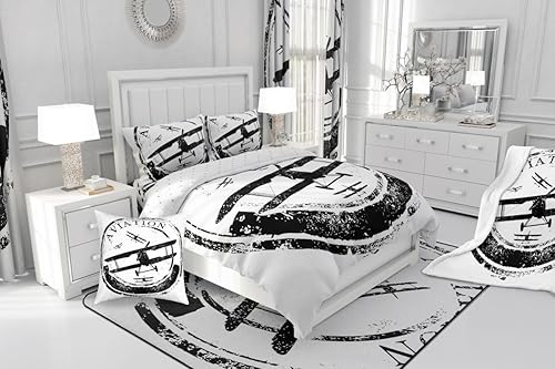 Miniatura 8 de Juego de ropa de cama de vuelo para niños, tamaño matrimonial, juego de edredón de avión para niños pequeños, edredón con estampado de aviones de