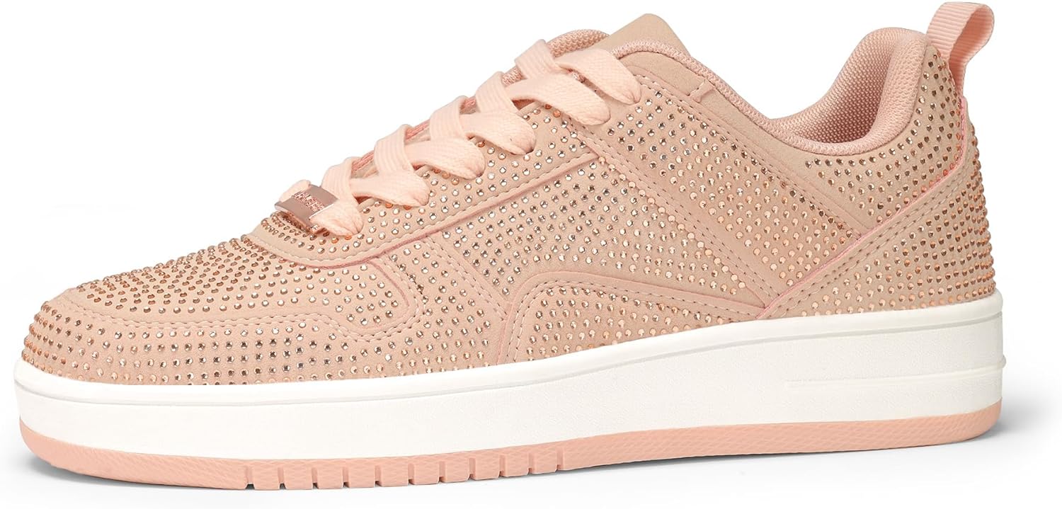 LUCKY STEP Women Fashion Sparkle Rhinestone Sneakers White Leather Low Top Tennis Shoes Lace Up Casual Comfortable Walking Shoe