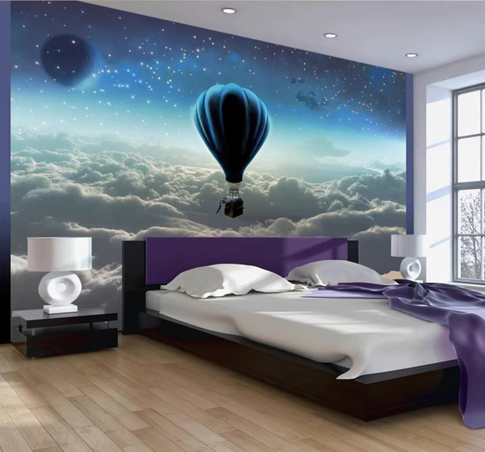 Wallpaper-3D-Xlm 150Cm×105Cm(B×H) Fresh Blue Dreamy Starry Sky Hot Air Balloon 3D Wallpaper Easy Install Feature Office Living Room Sofa Bedroom Tv Background Wall Decoration-150Cm×105Cm