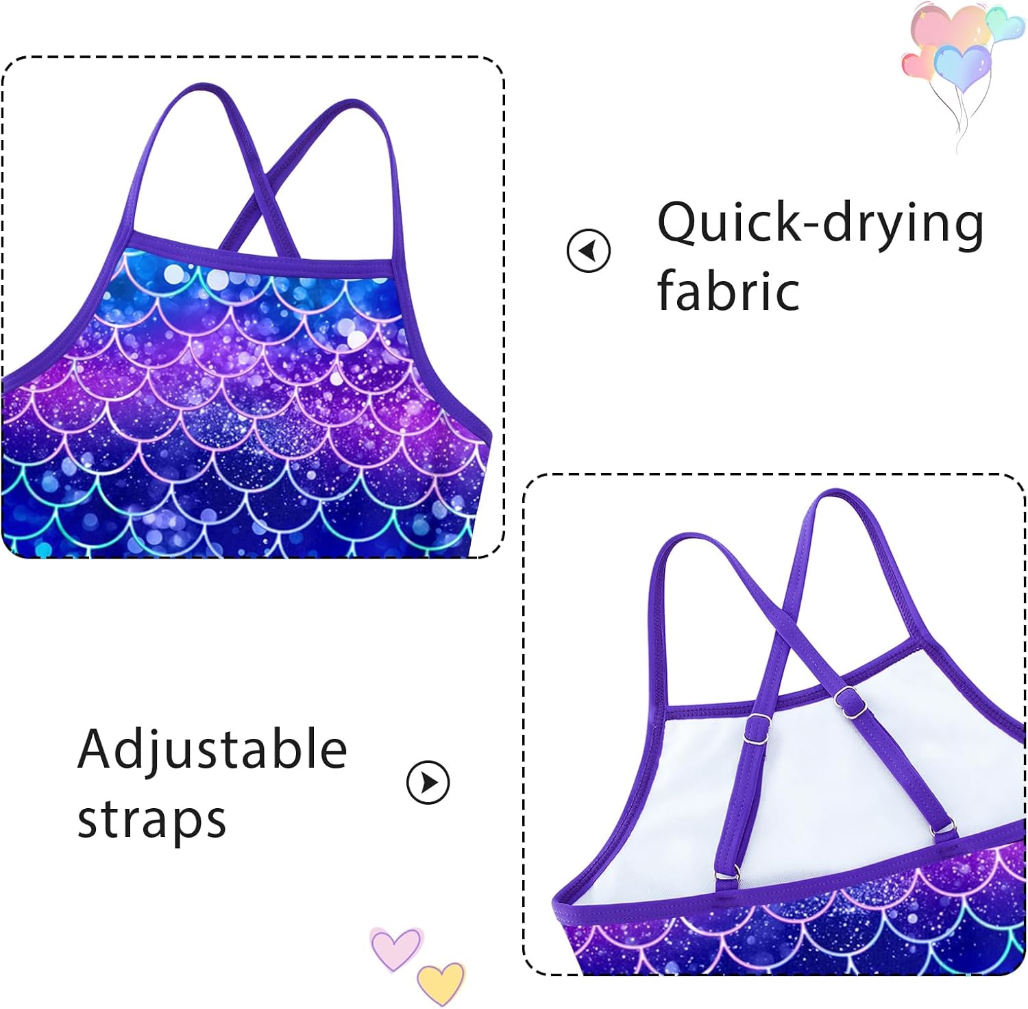 Girls Tankini Swimsuit Mermaid Bathing Suits Criss-Cross Strap Adjustable Summer Beach Two Piece Swimwear Size 4-12