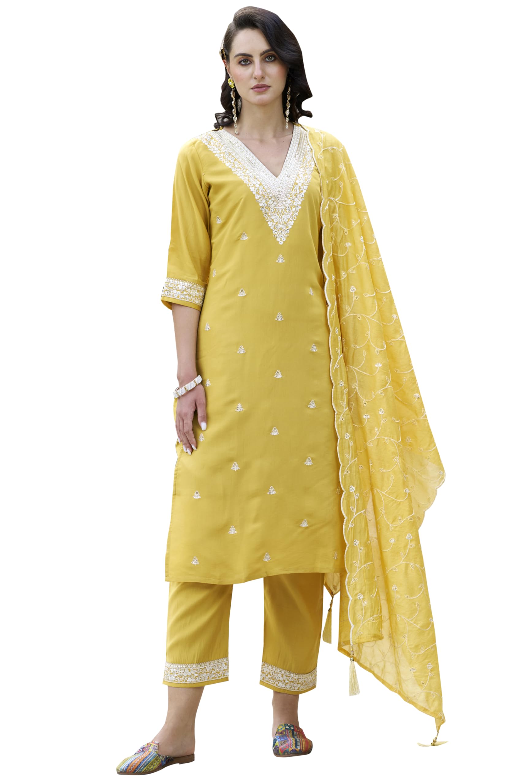 VredeVogelWomen's Silk Blend Kurta Pant Set with Chanderi Embroidery Work Dupatta