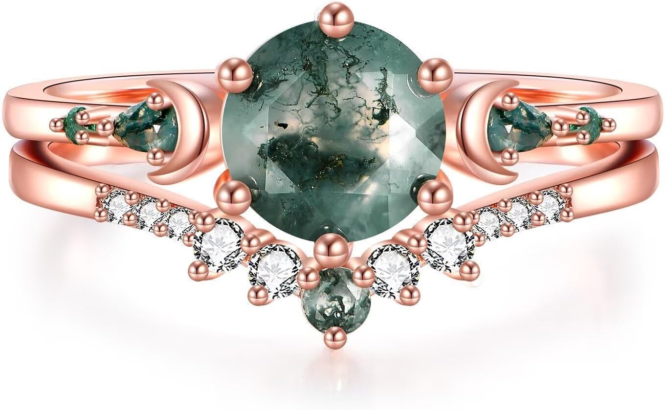 2CT Moss Agate Engagement Rings Set for Women 925 Sterling silver with plated 18k rose gold 2CT Round Green Moon Leaf Art Deco Bridal Wedding Ring Set