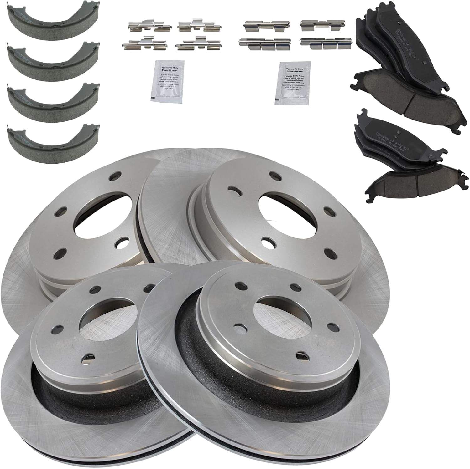 TRQ Front and Rear Brake Pad & Rotor Kit Brake Pads Brake Rotor Parking Brake Shoe Set Ceramic Compatible with 2005-2006 Dodge Durango 2003-2005 Ram 1500