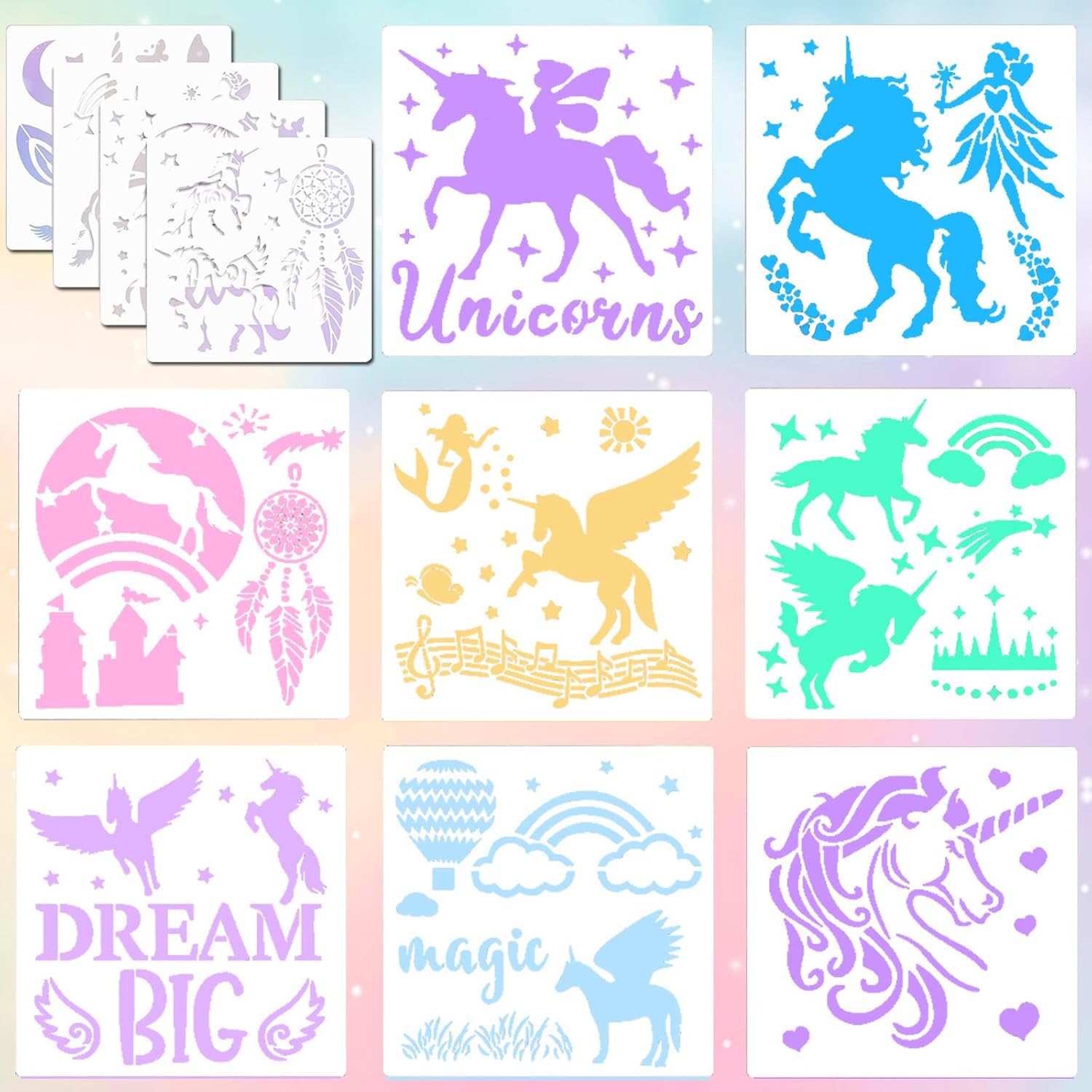 A set of unicorn drawing stencils for girls