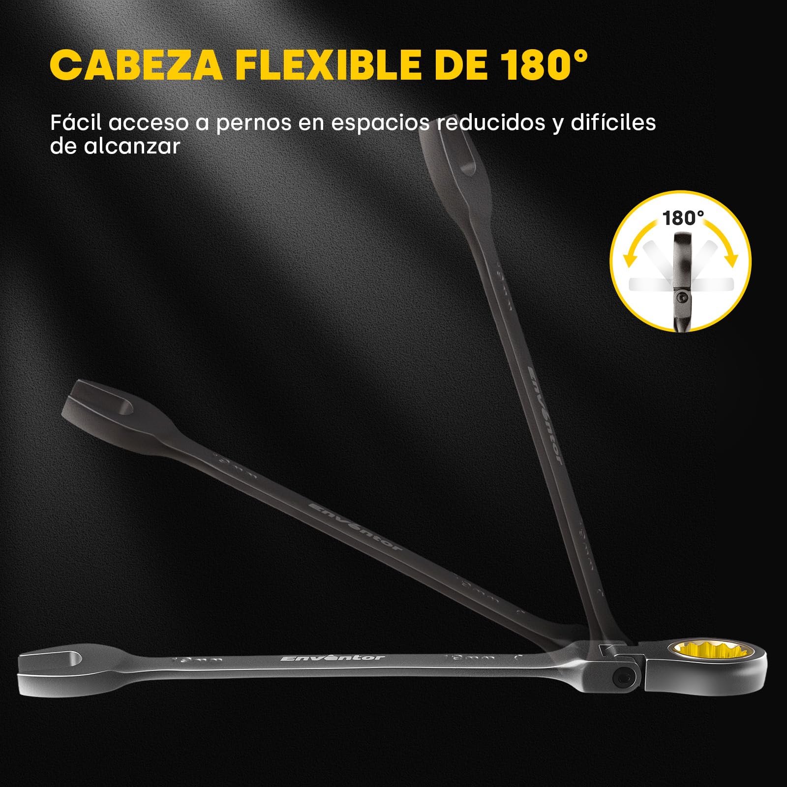 Enventor Llaves Fijas con Carraca de 14pcs, Juego de Llaves Combinadas con Carraca 6mm a 19mm, Acero Cromo Vanadio, Niquelado Negro, 90T, Cabezal Giratorio de 180°, Arco de Giro de 4°, Caja