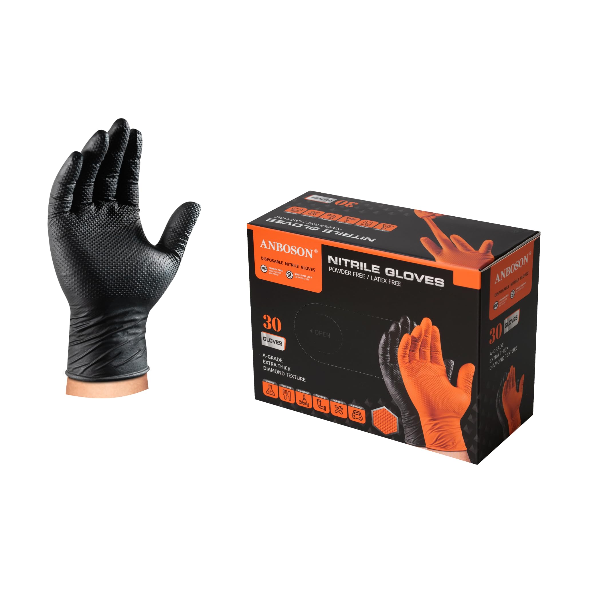 ANBOSON 10mil Nitrile-Gloves Disposable-Black Chemical-Resistant Rubber - Mechanic Gloves Heavy Duty Latex Free Diamond Grip (30, X-Large)