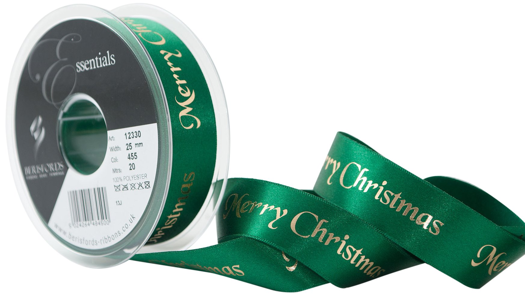 Berisfords 25 mm Merry Christmas Ribbon, Hunter Green